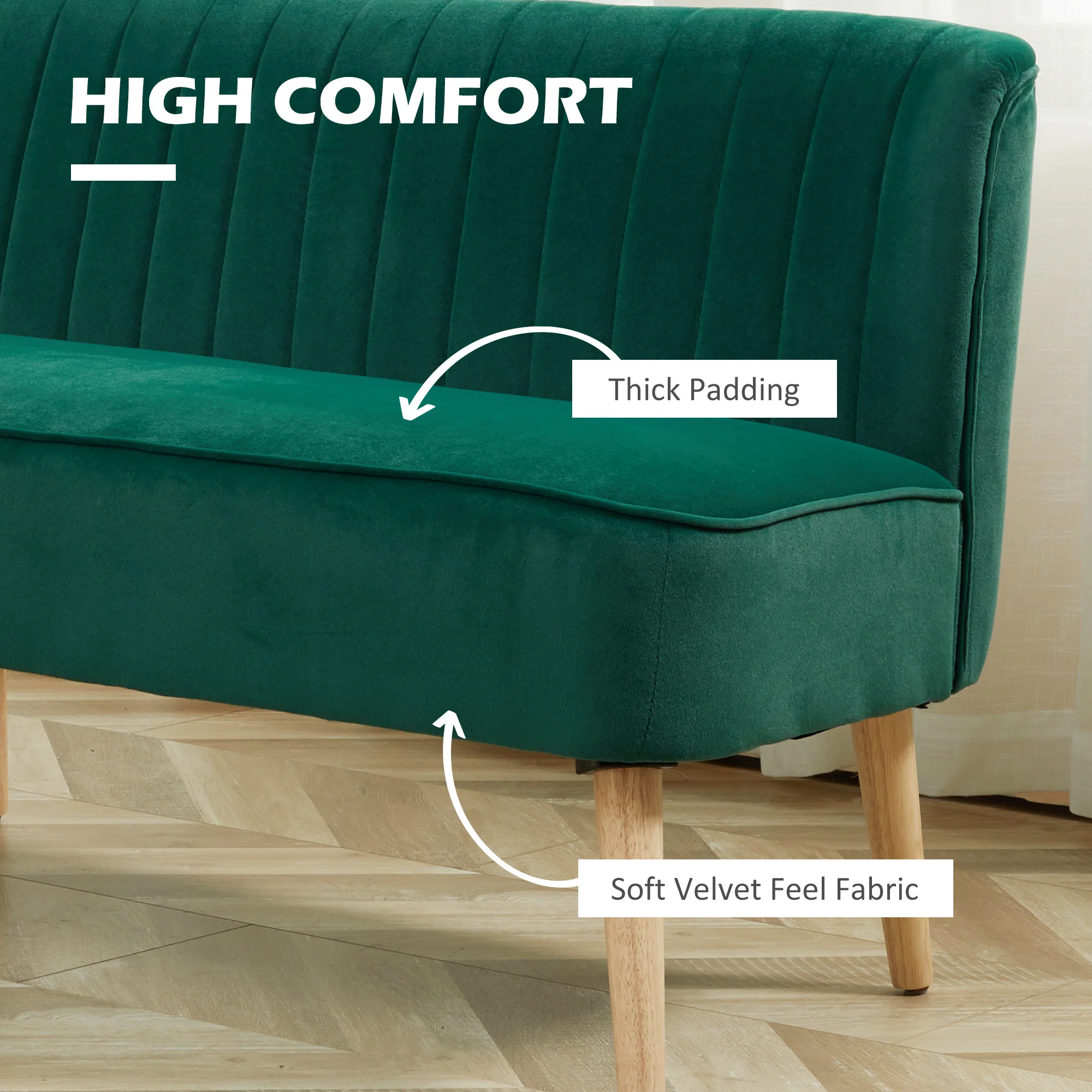 HOMCOM Velvet-Feel Double Sofa w/ Wood Frame Foam Padding High Back, Green - Image 3
