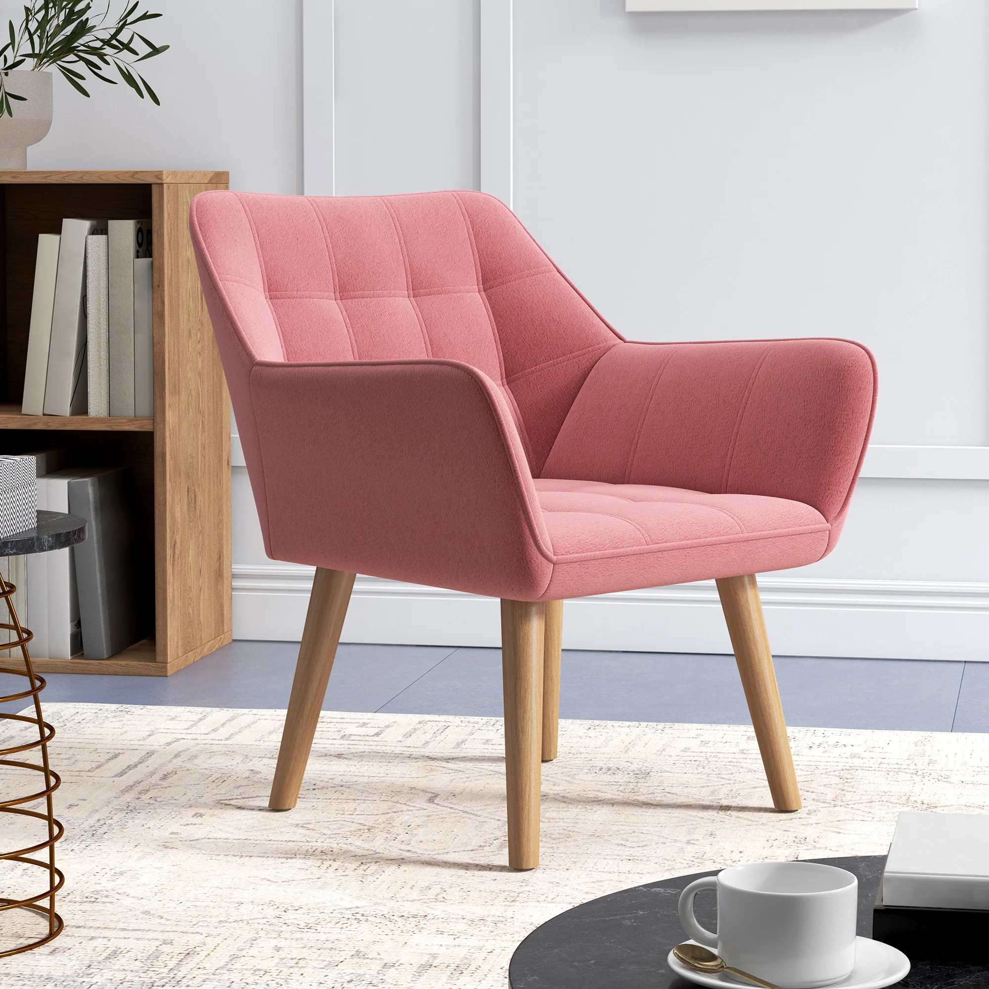 HOMCOM Velvet-Feel Pink Accent Chair With Arms Slanted Back Wood Legs - Image 7
