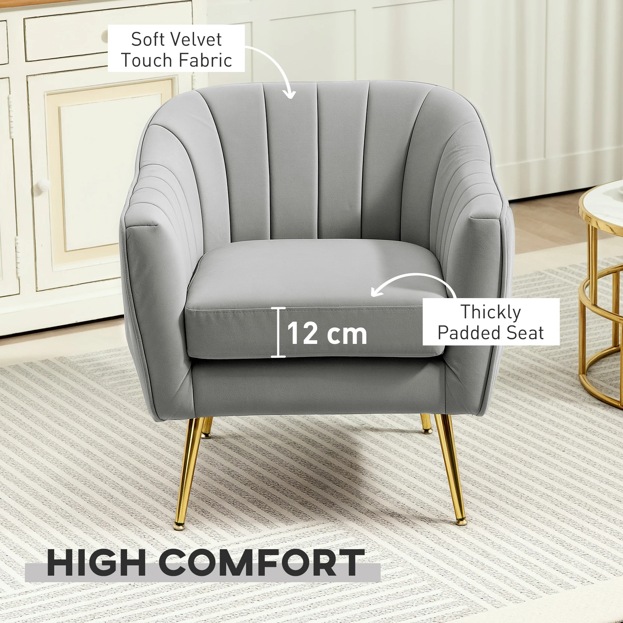 HOMCOM Velvet-Look Shell Shaped Chair With Thick Padded Seat, Grey - Image 3
