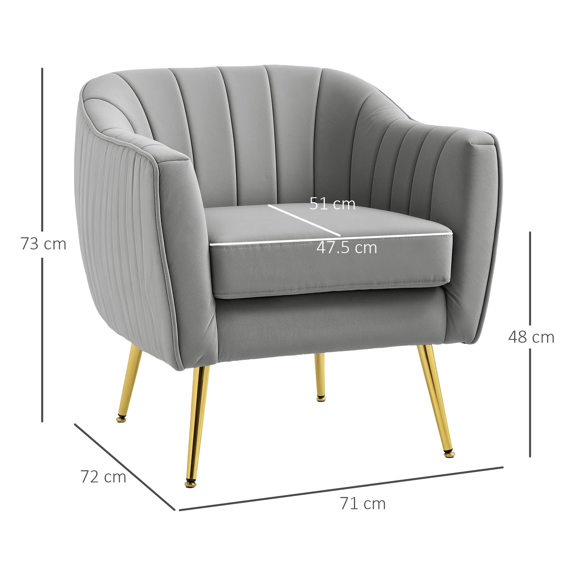 HOMCOM Velvet-Look Shell Shaped Chair With Thick Padded Seat, Grey - Image 5