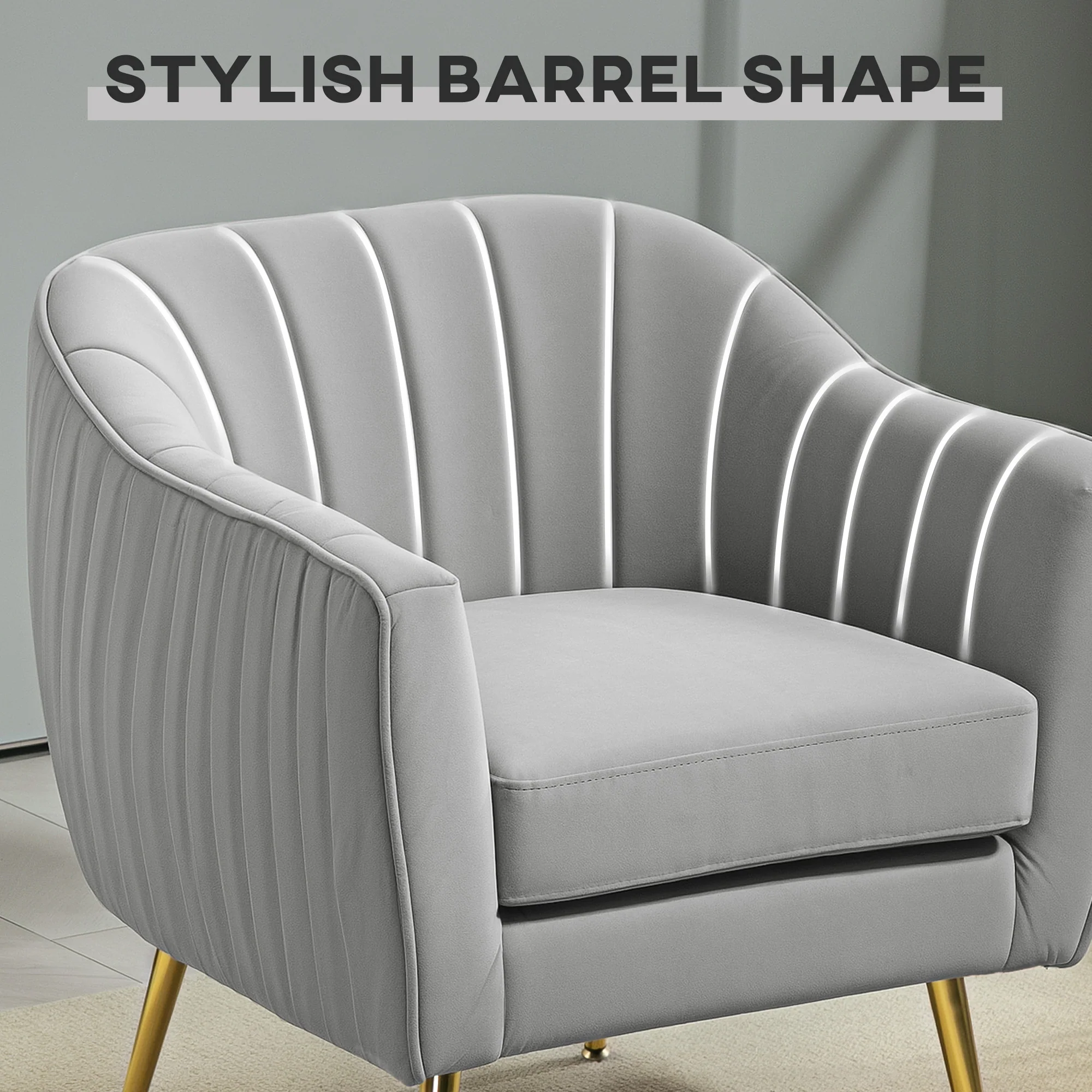 HOMCOM Velvet-Look Shell Shaped Chair With Thick Padded Seat, Grey - Image 6