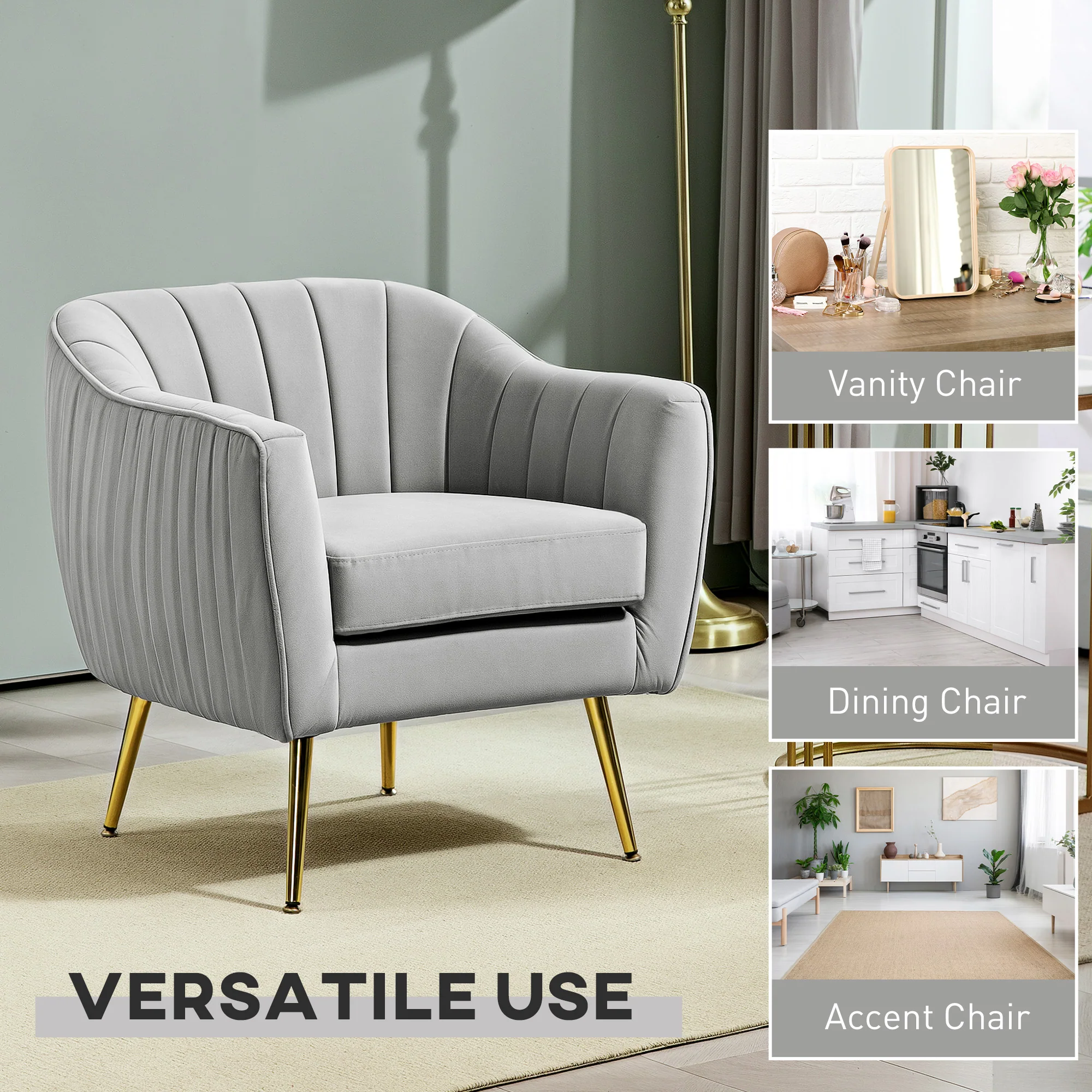 HOMCOM Velvet-Look Shell Shaped Chair With Thick Padded Seat, Grey - Image 7