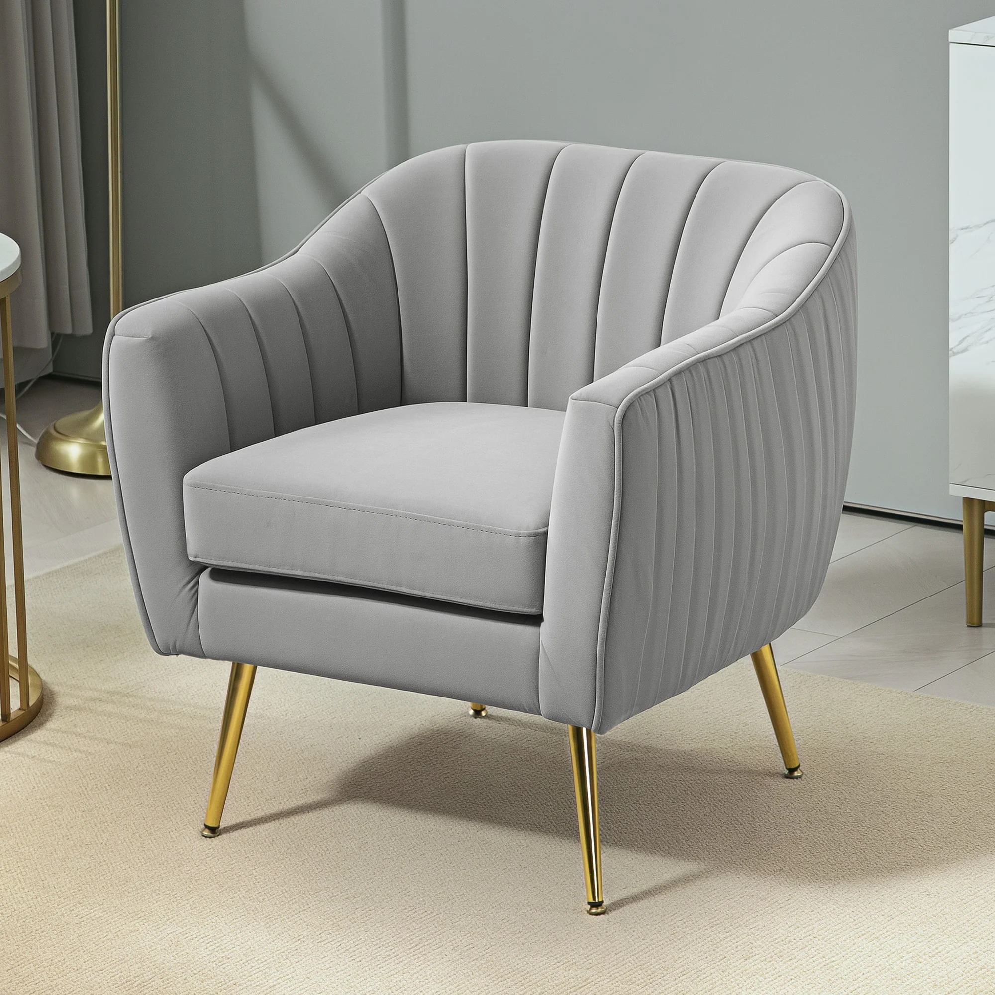 HOMCOM Velvet-Look Shell Shaped Chair With Thick Padded Seat, Grey - Image 8
