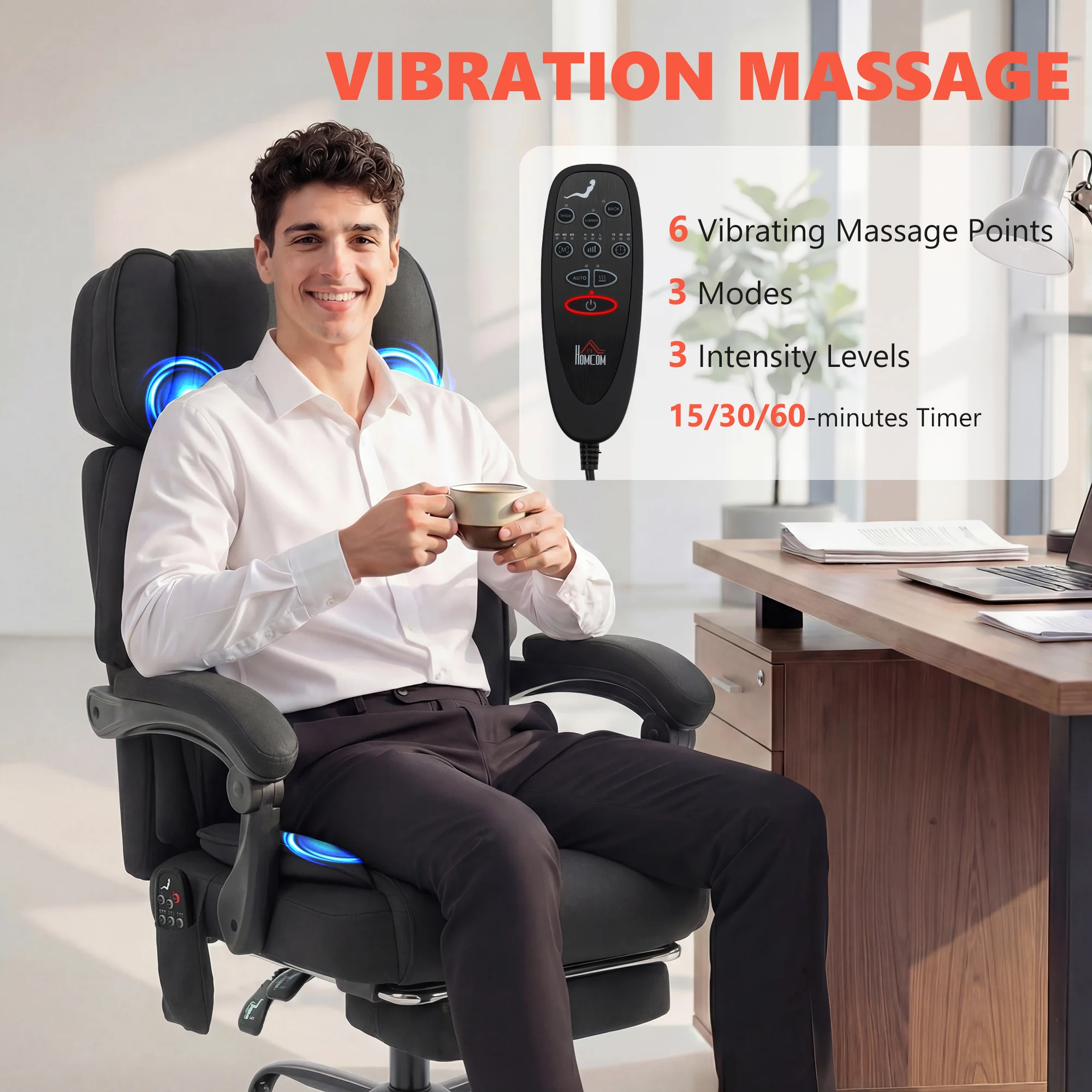 HOMCOM Vibration Massage Office Chair W/ Heat Reclining Function, Black - Image 4