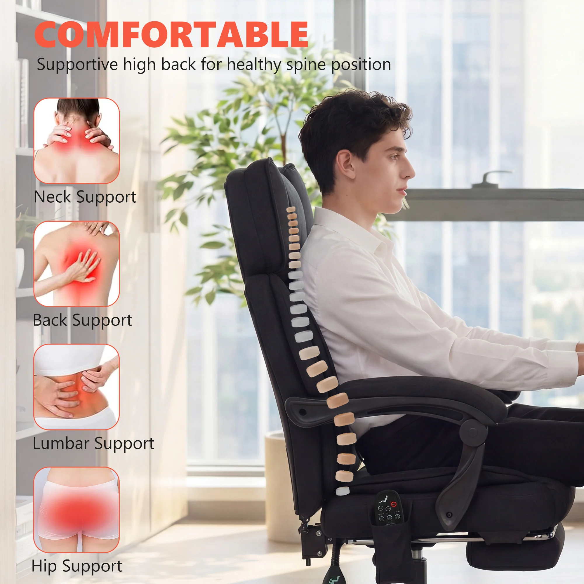 HOMCOM Vibration Massage Office Chair W/ Heat Reclining Function, Black - Image 5