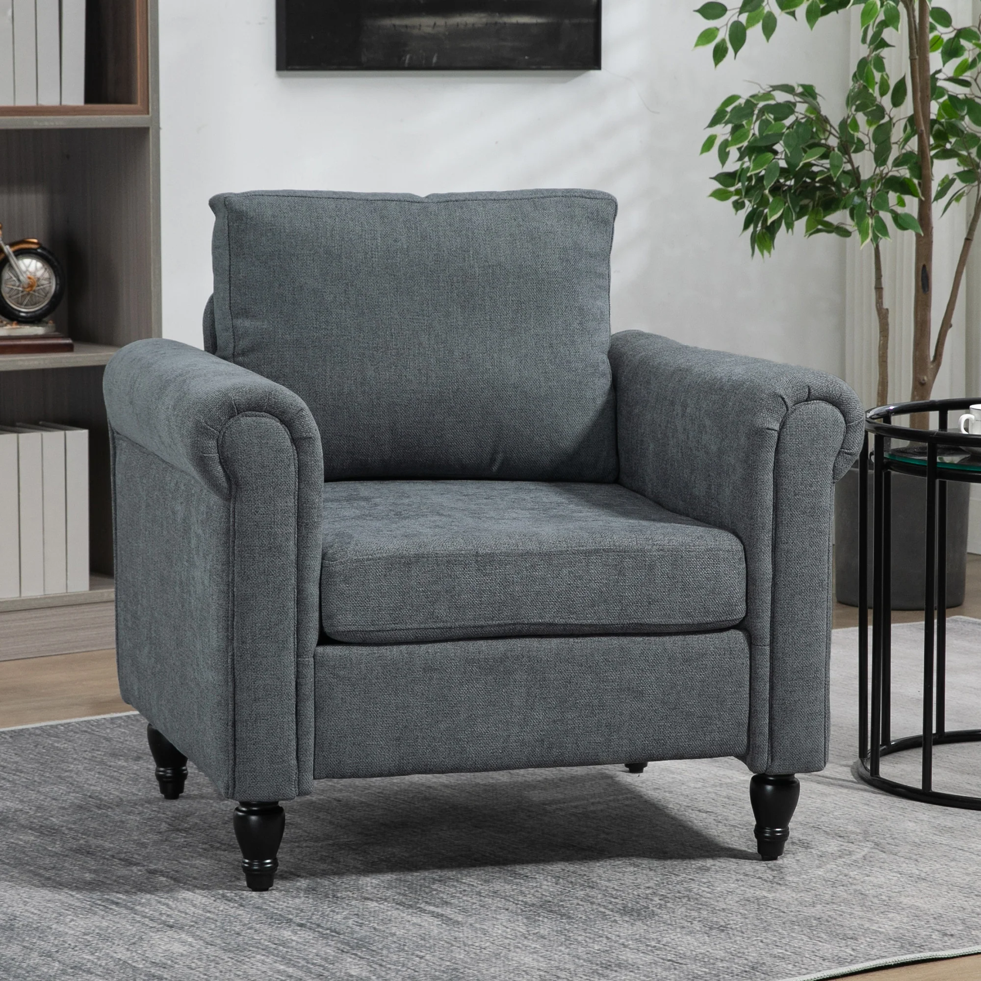 HOMCOM Vintage Armchair Fabric Accent Chair with Gourd-Shaped Rubber Wood Legs - Image 2
