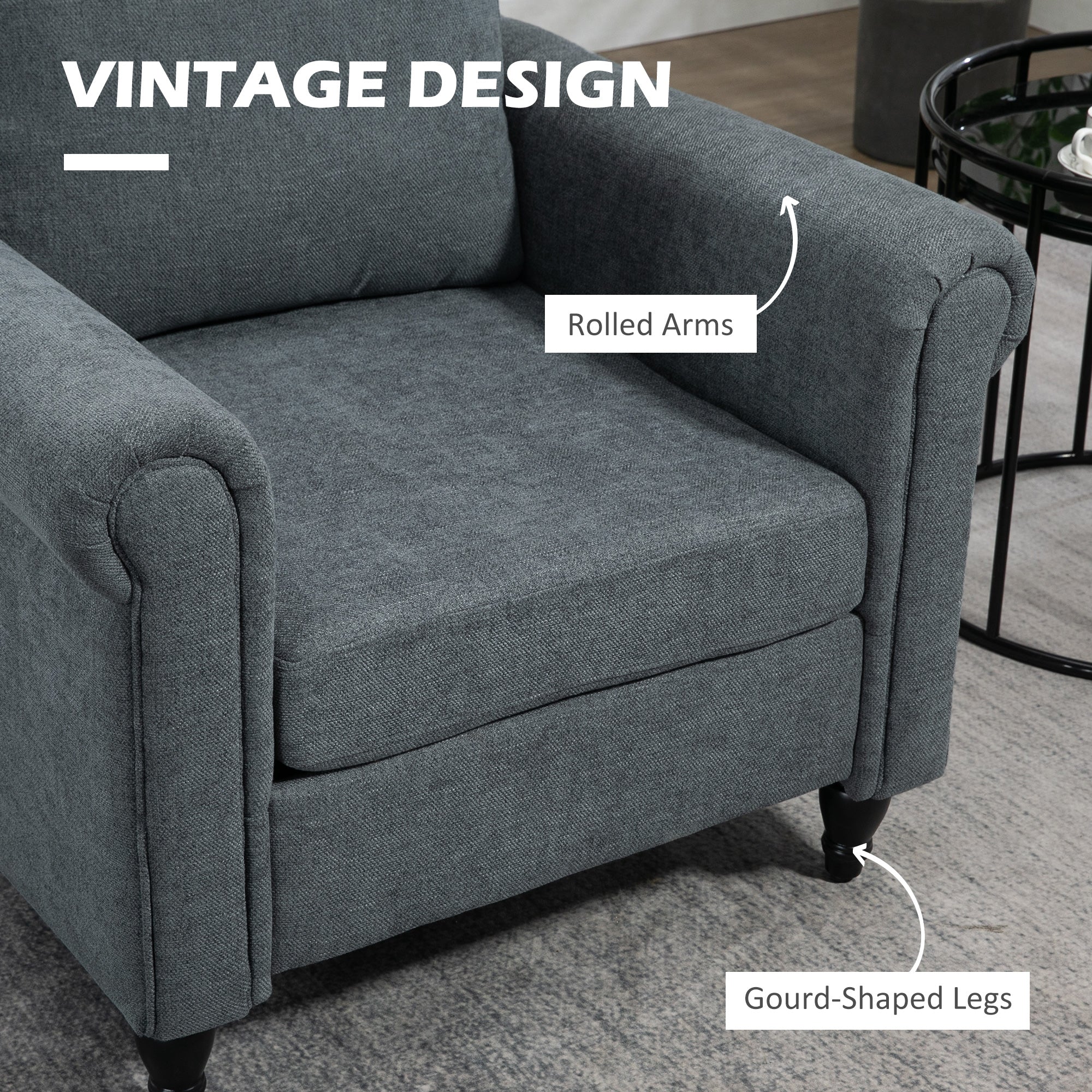 HOMCOM Vintage Armchair Fabric Accent Chair with Gourd-Shaped Rubber Wood Legs - Image 3
