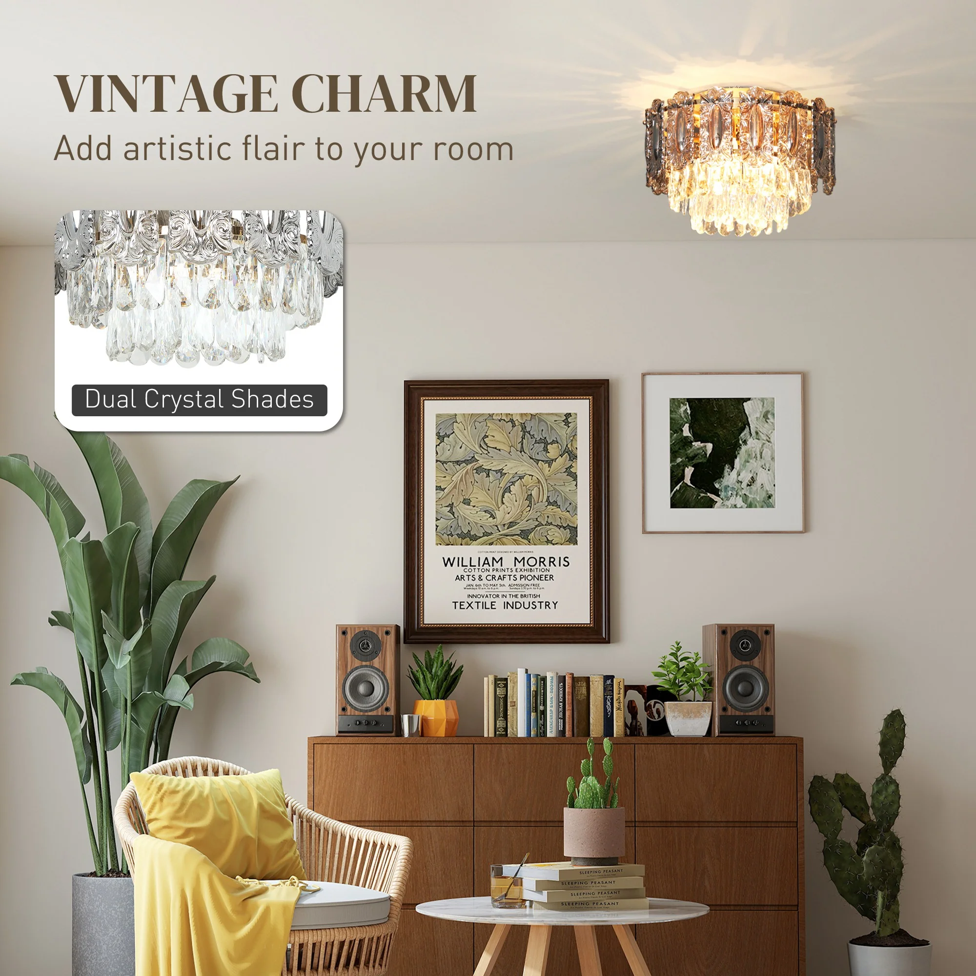 HOMCOM Vintage Ceiling Light With Dual Crystal And Smoke Glass Shade, Gold - Image 3