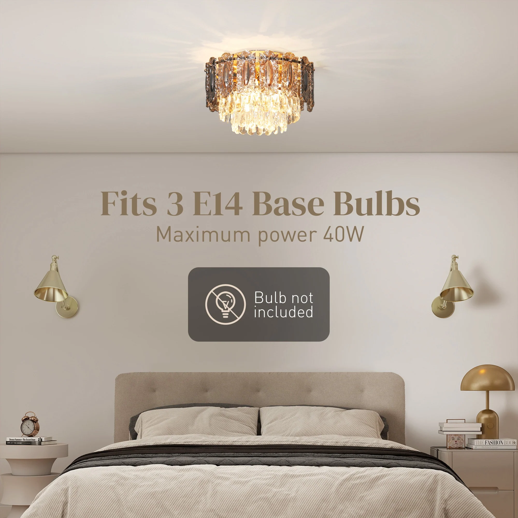HOMCOM Vintage Ceiling Light With Dual Crystal And Smoke Glass Shade, Gold - Image 4