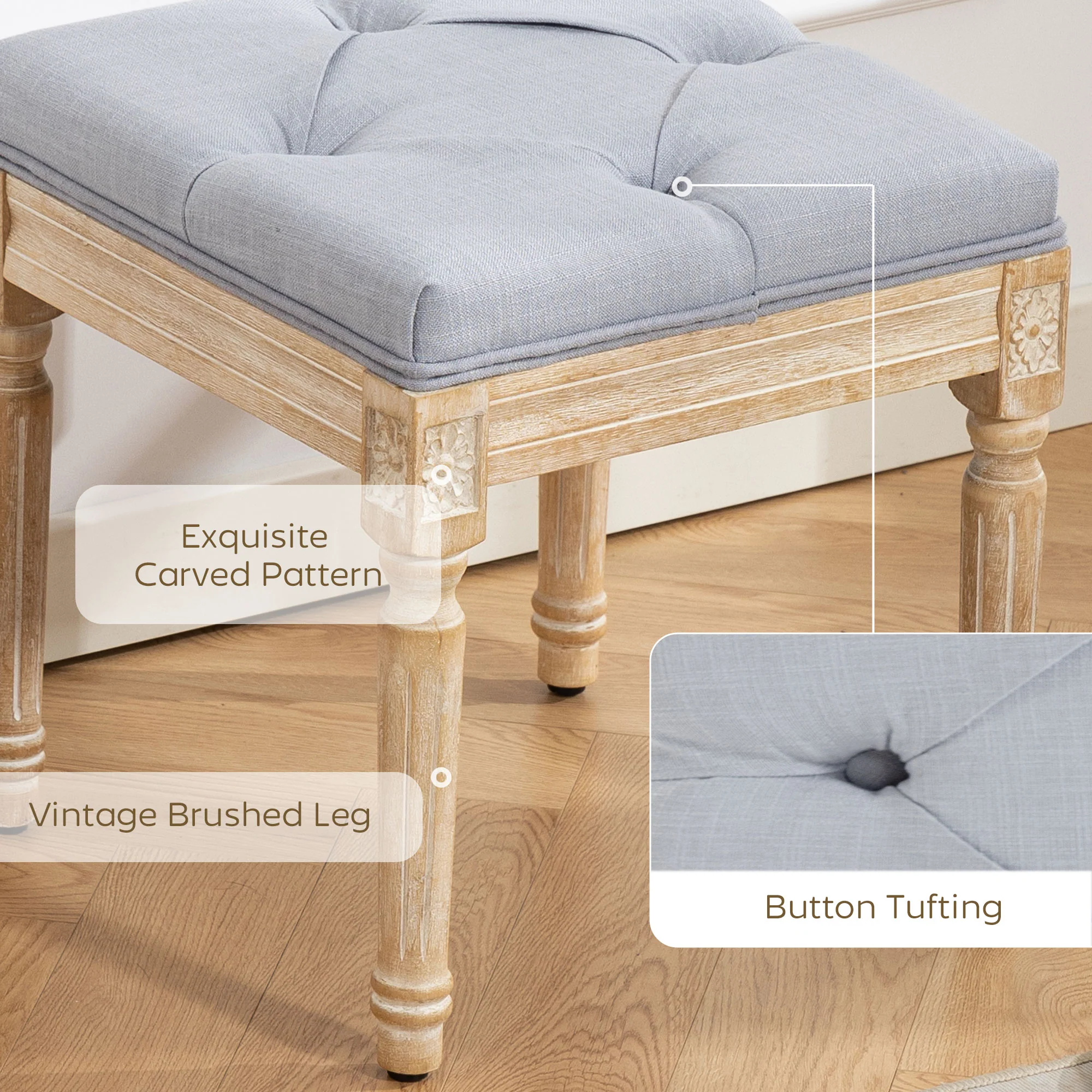 HOMCOM Vintage Foot Stool with Wood Legs, Light Grey - Image 3