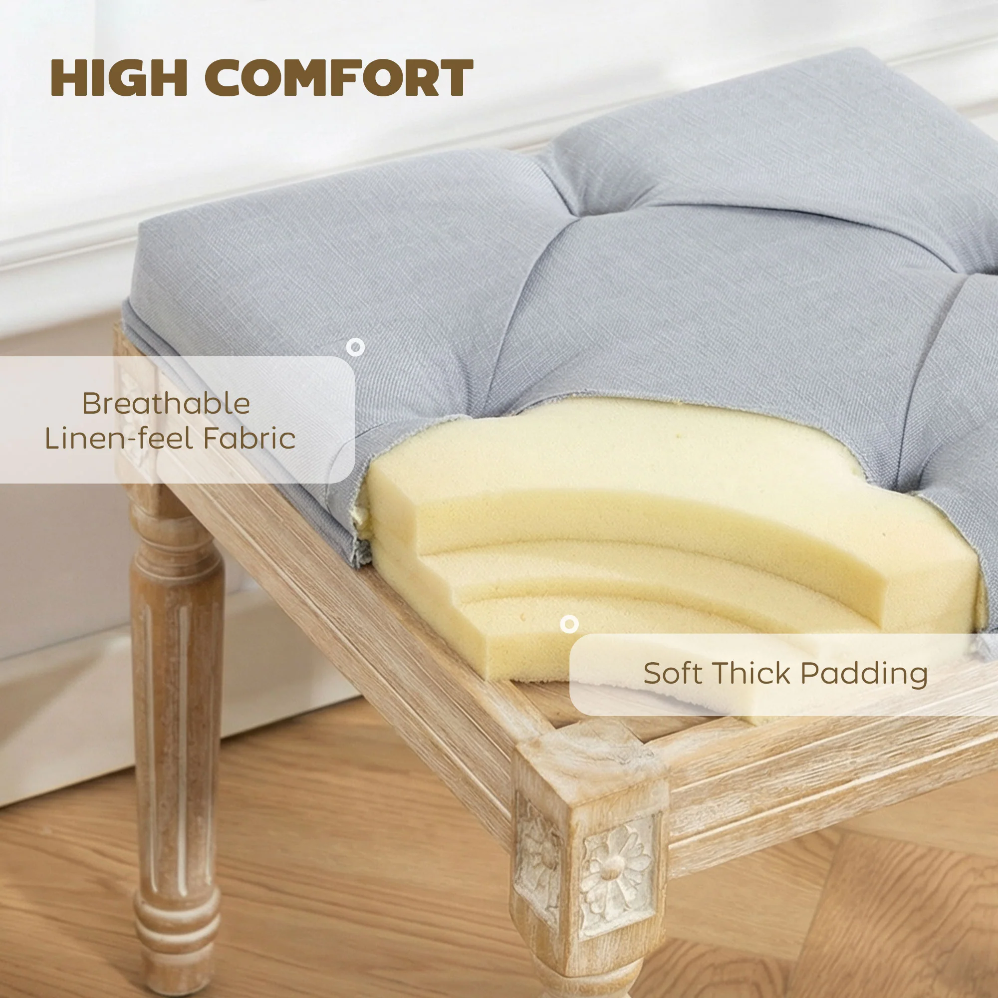HOMCOM Vintage Foot Stool with Wood Legs, Light Grey - Image 4