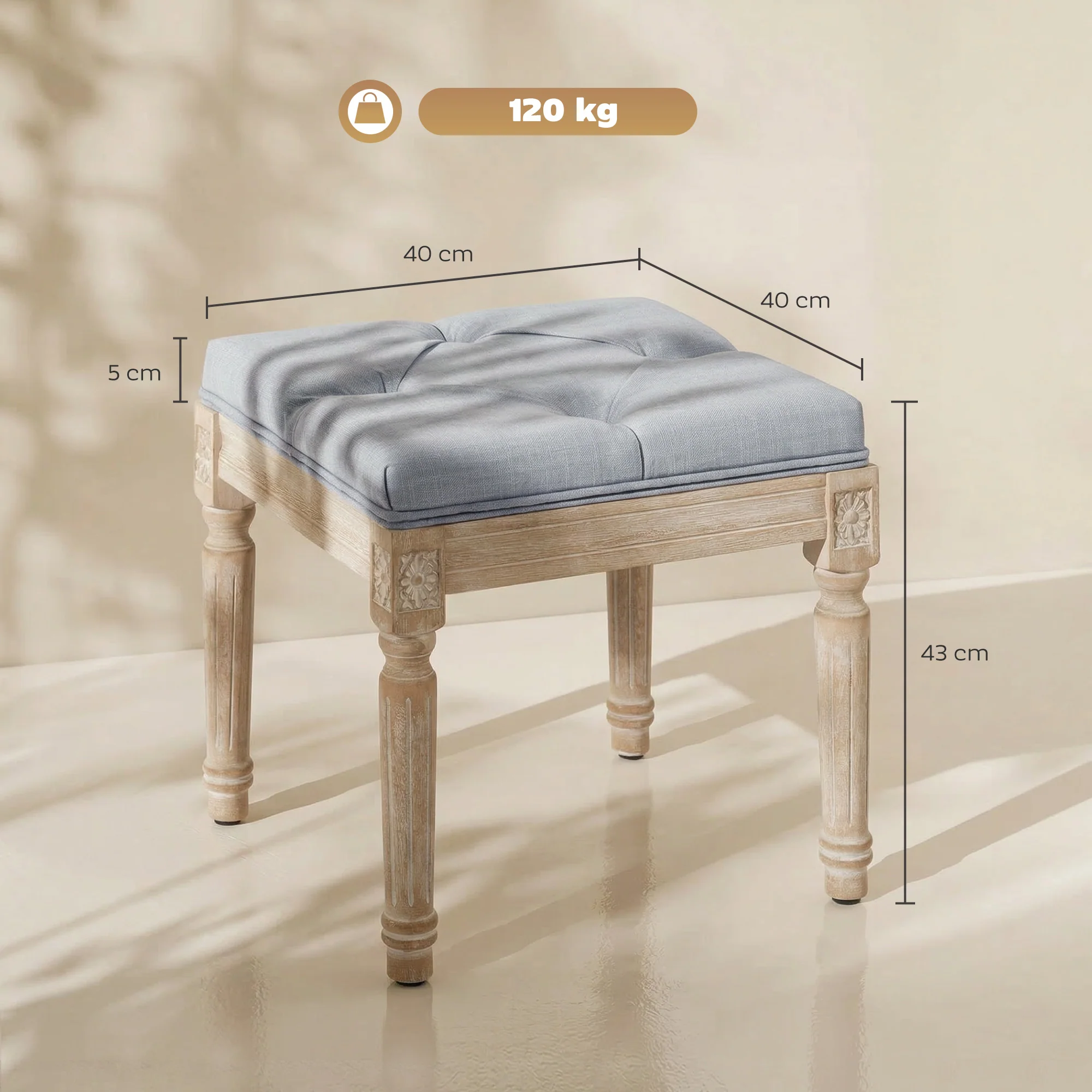 HOMCOM Vintage Foot Stool with Wood Legs, Light Grey - Image 5