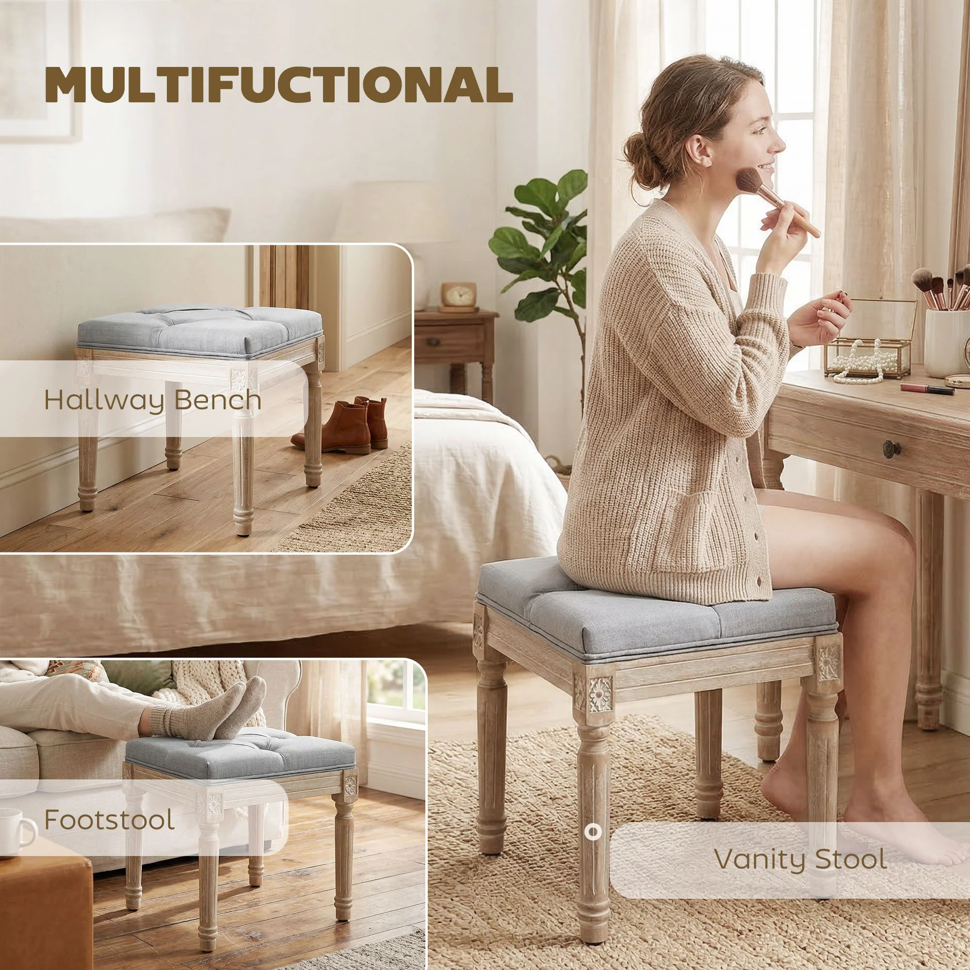HOMCOM Vintage Foot Stool with Wood Legs, Light Grey - Image 6