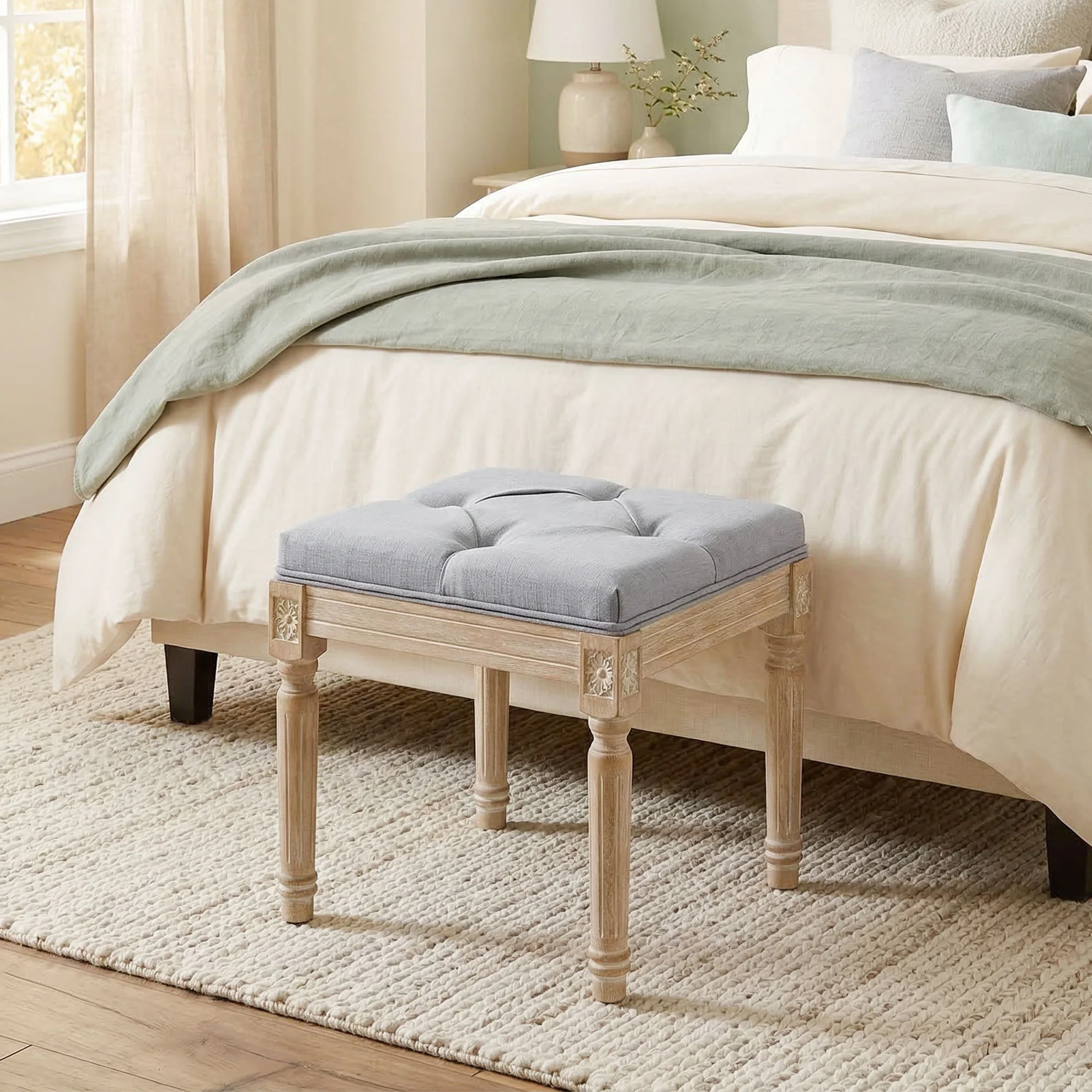 HOMCOM Vintage Foot Stool with Wood Legs, Light Grey - Image 7