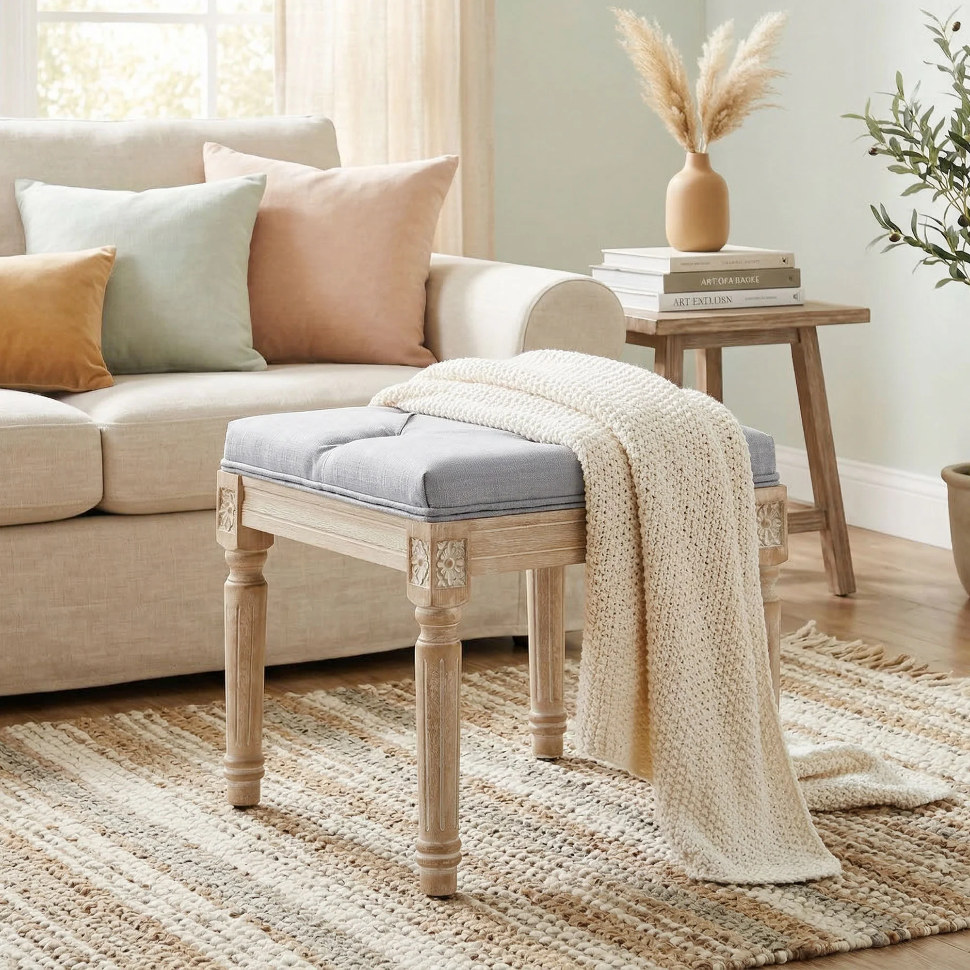 HOMCOM Vintage Foot Stool with Wood Legs, Light Grey - Image 8