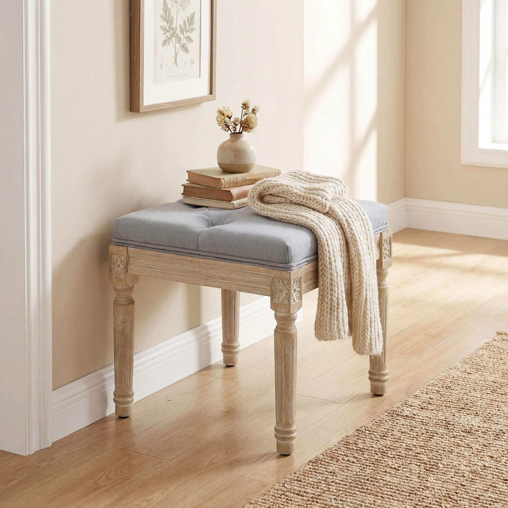 HOMCOM Vintage Foot Stool with Wood Legs, Light Grey - Image 9
