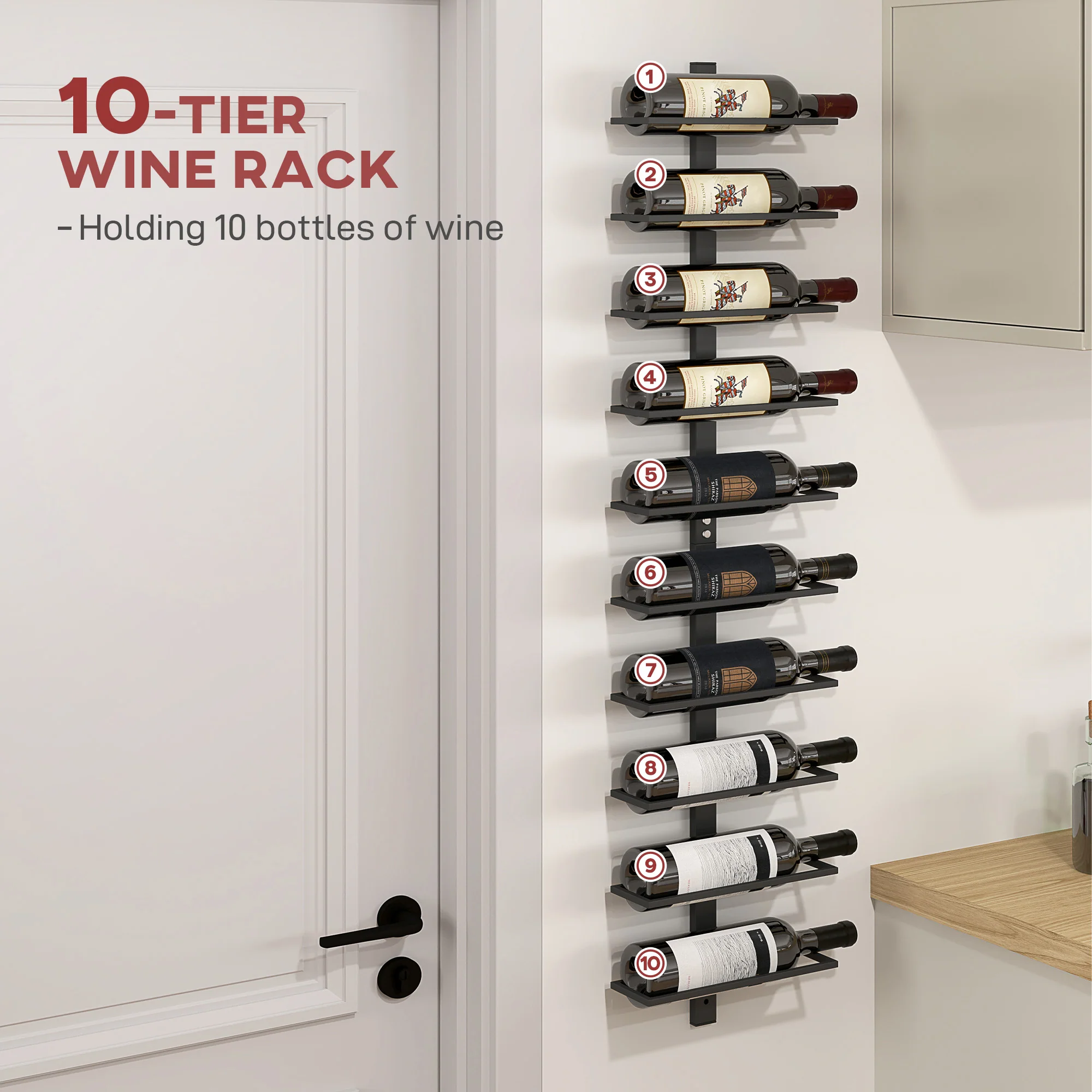 HOMCOM Wall Mount Wine Rack, Wall Wine Rack For 10 Wine Bottles, Black - Image 3