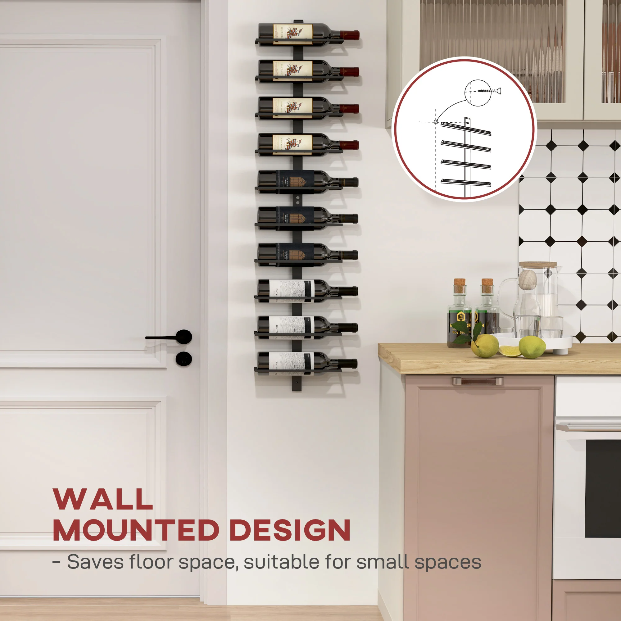 HOMCOM Wall Mount Wine Rack, Wall Wine Rack For 10 Wine Bottles, Black - Image 4