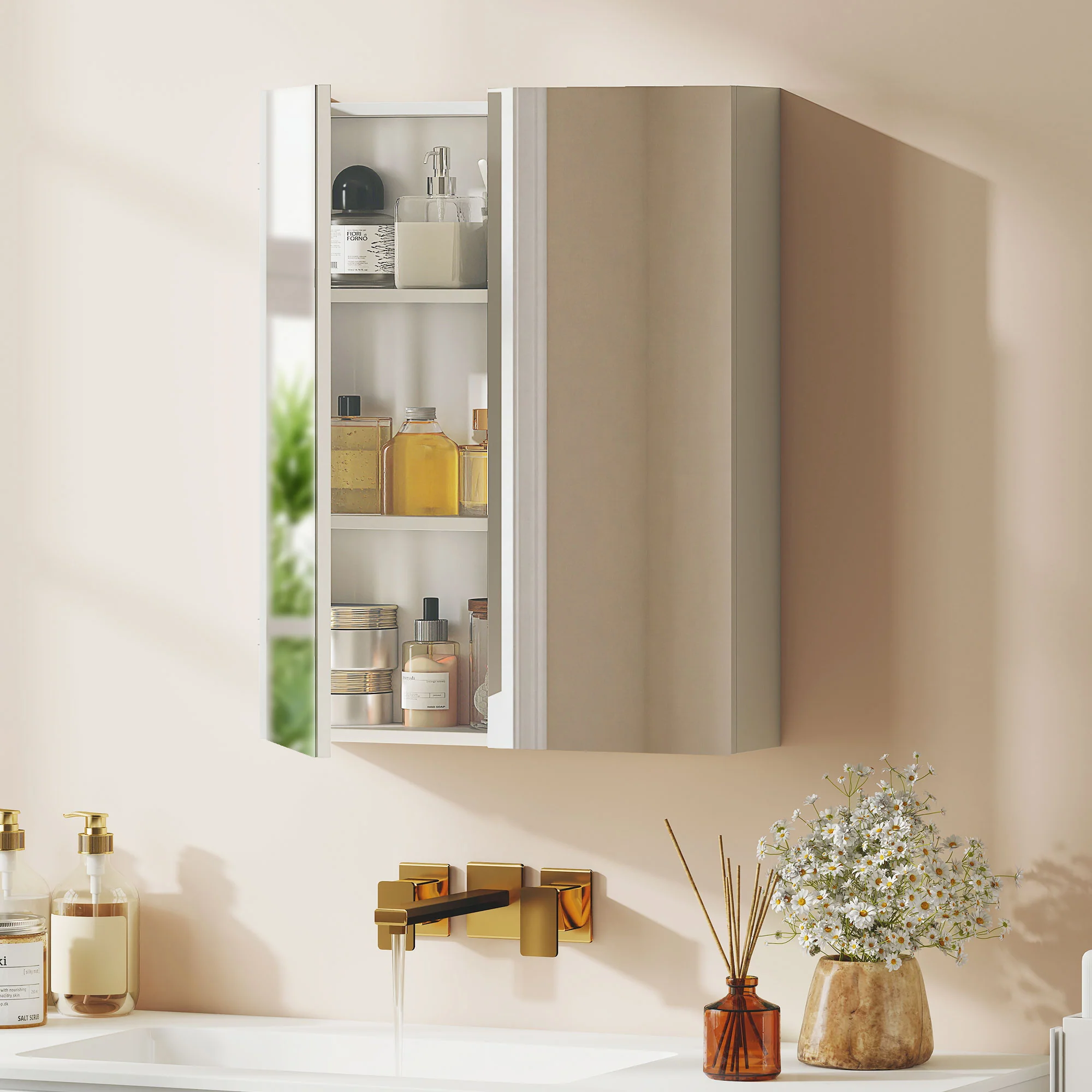 HOMCOM Wall Mounted Bathroom Mirror Storage Cabinet w/ Door Adjustable Shelf - Image 2