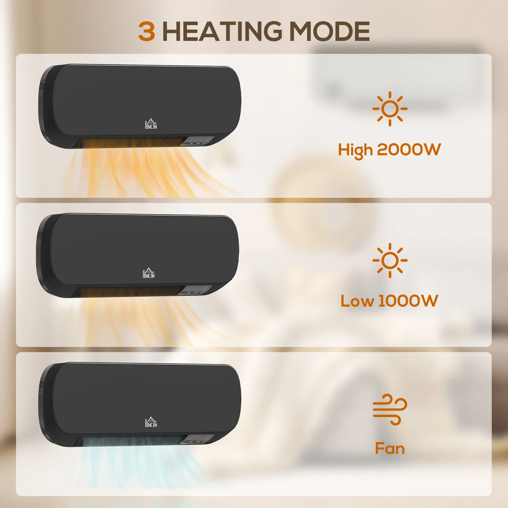 HOMCOM Wall Mounted Electric Heater with Timer Overheat Protection Black - Image 8