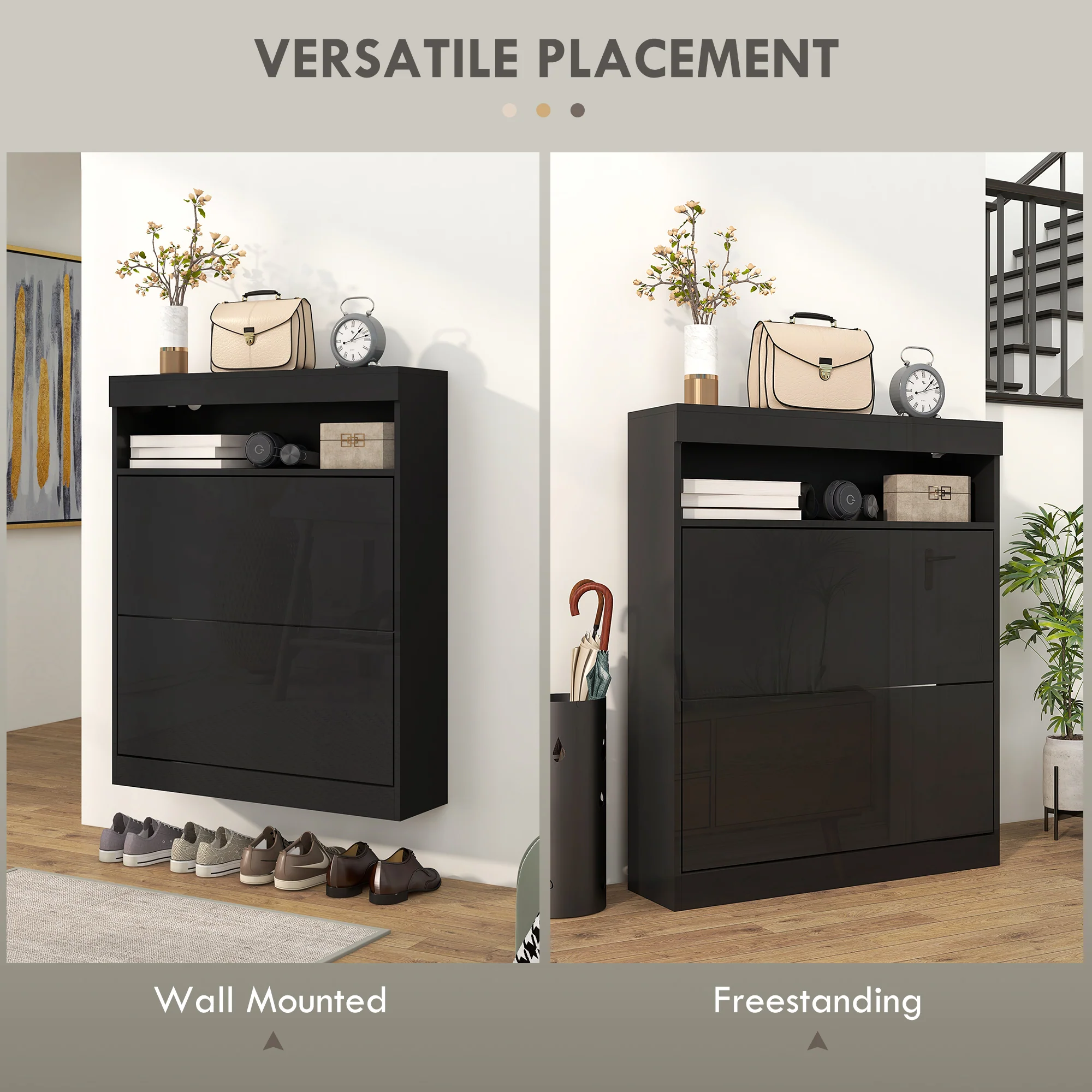 HOMCOM Wall Mounted Or Freestanding Shoe Cabinet With 2 Flip Drawers, White/Black - Image 12