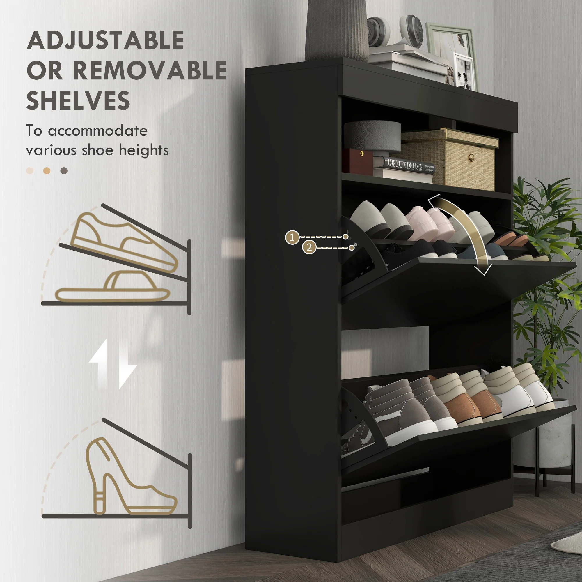 HOMCOM Wall Mounted Or Freestanding Shoe Cabinet With 2 Flip Drawers, White/Black - Image 13