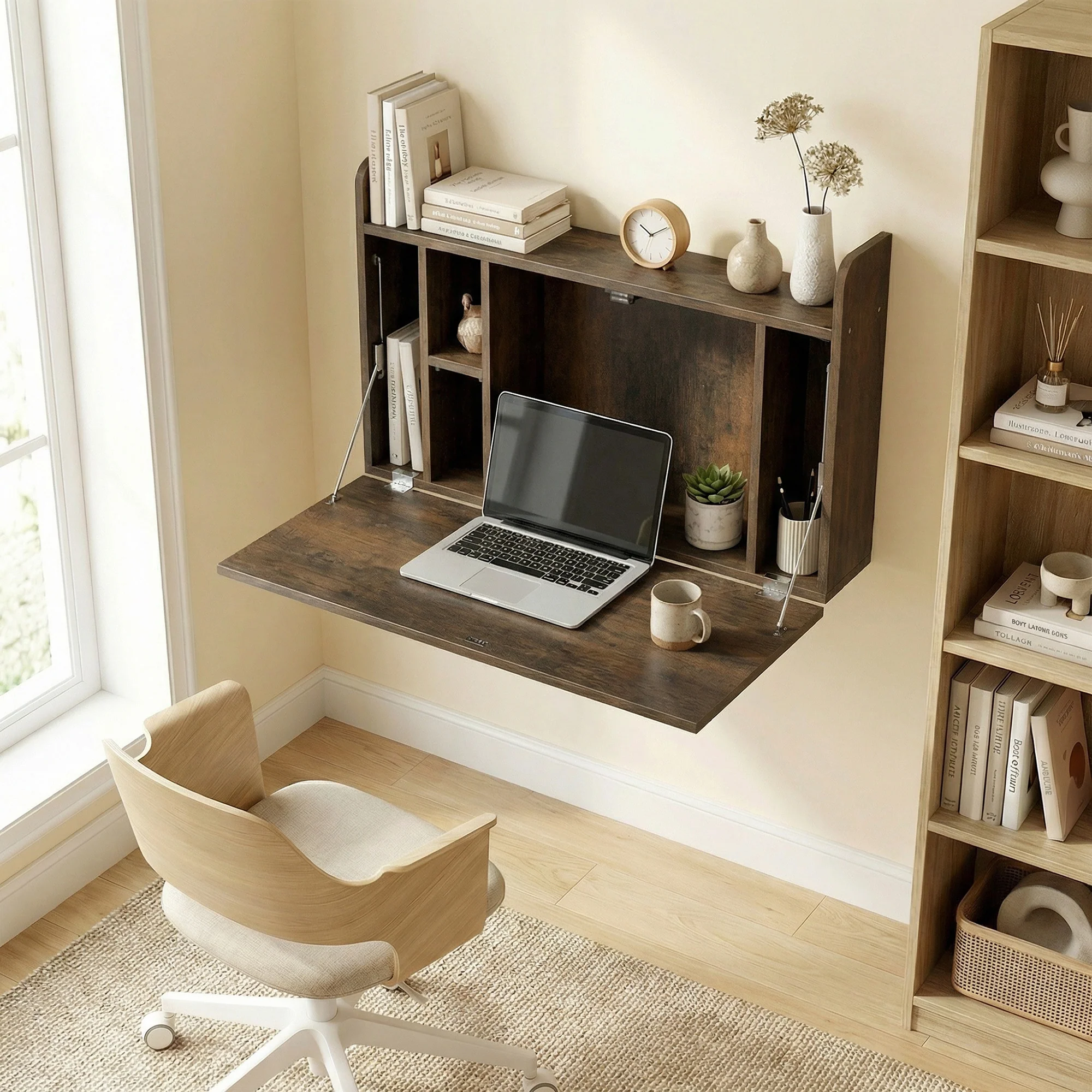 HOMCOM Wall Mounted Table w/ Space Saving Storage Compartments, Dark Brown - Image 2