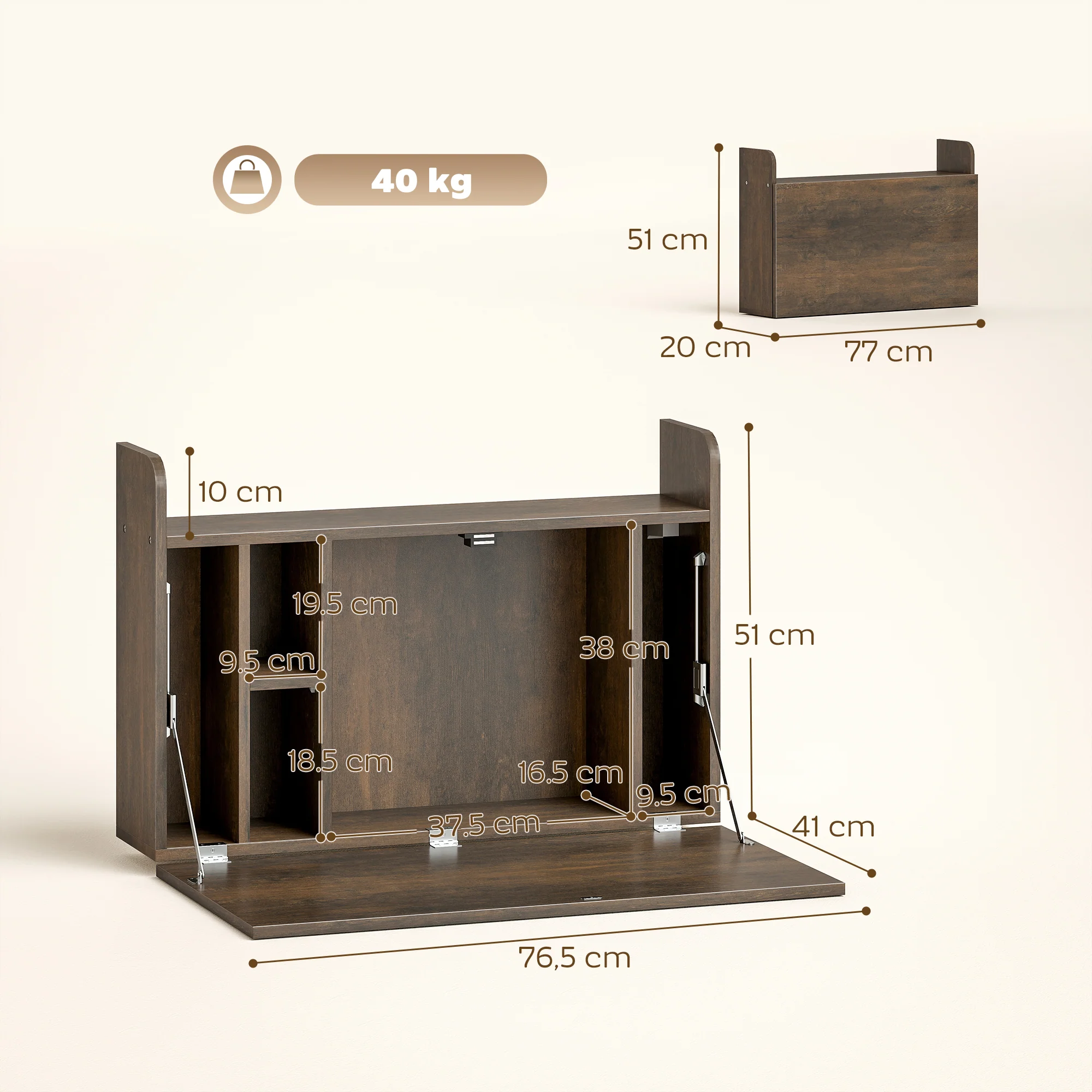 HOMCOM Wall Mounted Table w/ Space Saving Storage Compartments, Dark Brown - Image 3