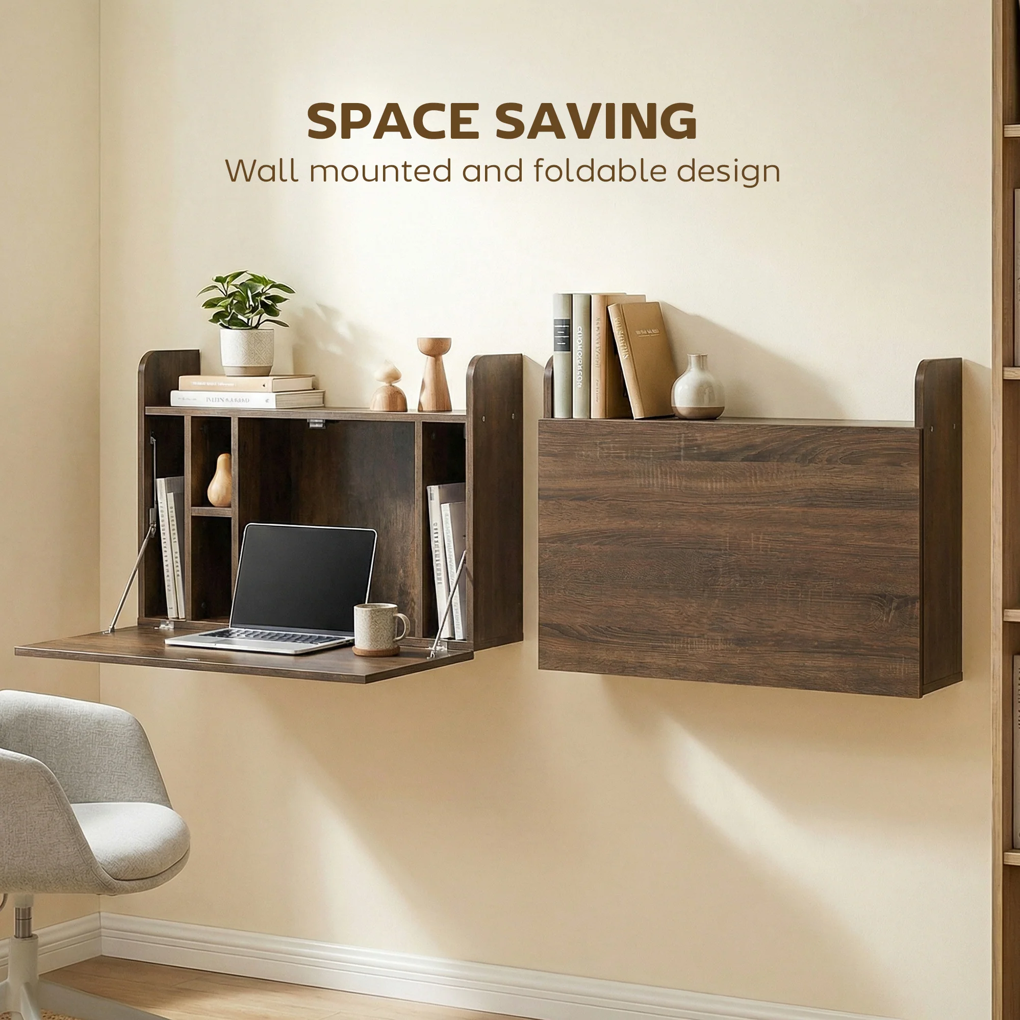 HOMCOM Wall Mounted Table w/ Space Saving Storage Compartments, Dark Brown - Image 4