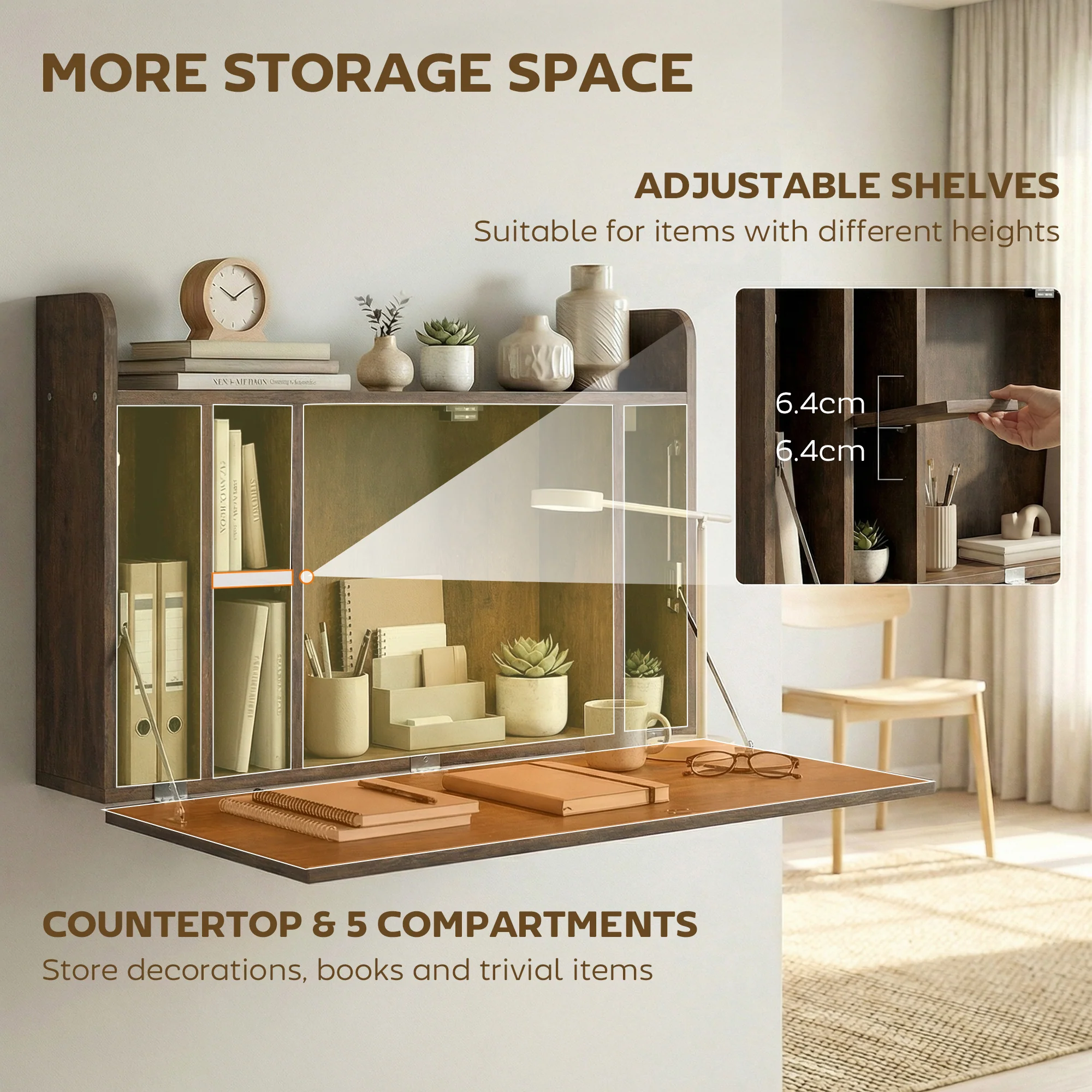 HOMCOM Wall Mounted Table w/ Space Saving Storage Compartments, Dark Brown - Image 5
