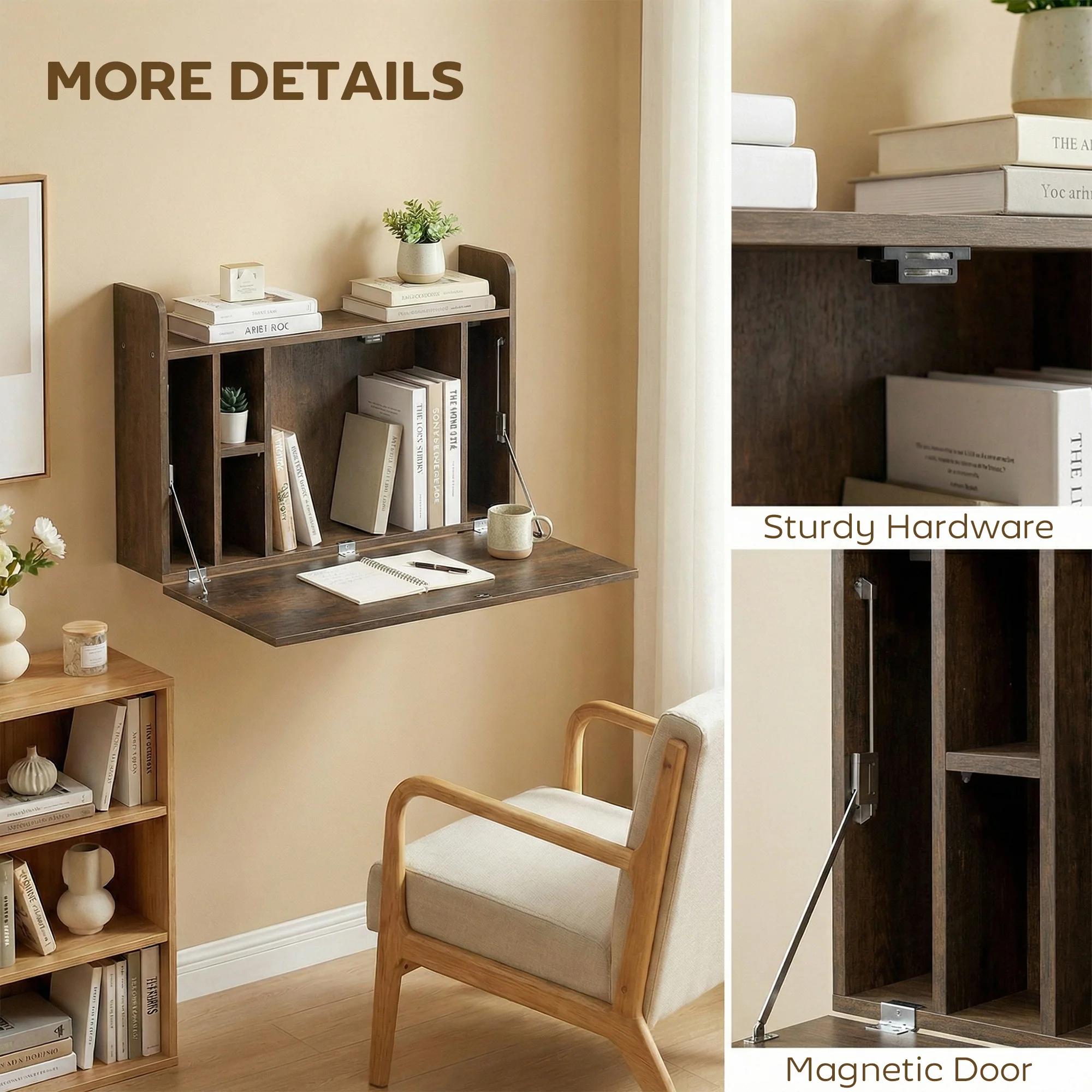 HOMCOM Wall Mounted Table w/ Space Saving Storage Compartments, Dark Brown - Image 6