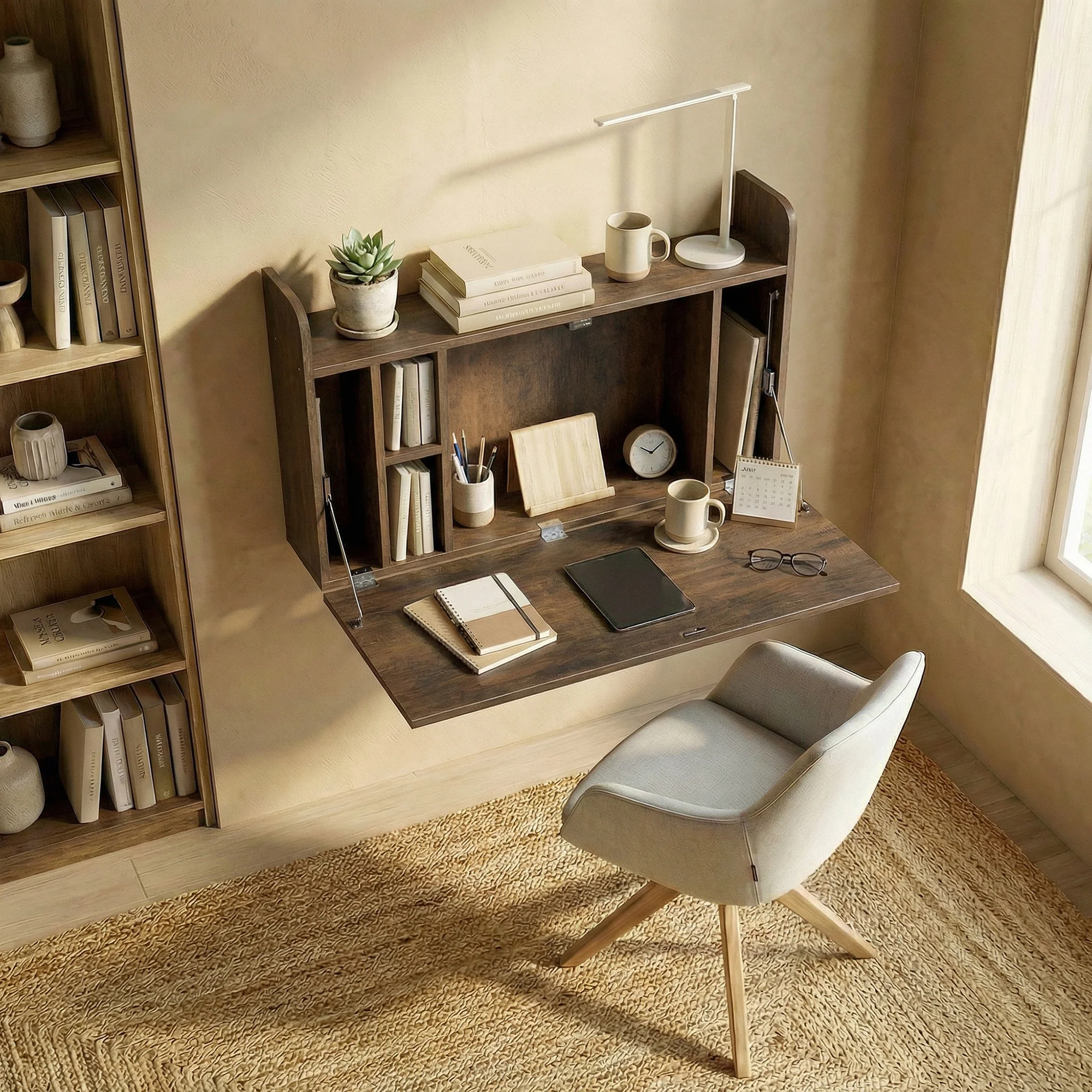 HOMCOM Wall Mounted Table w/ Space Saving Storage Compartments, Dark Brown - Image 7