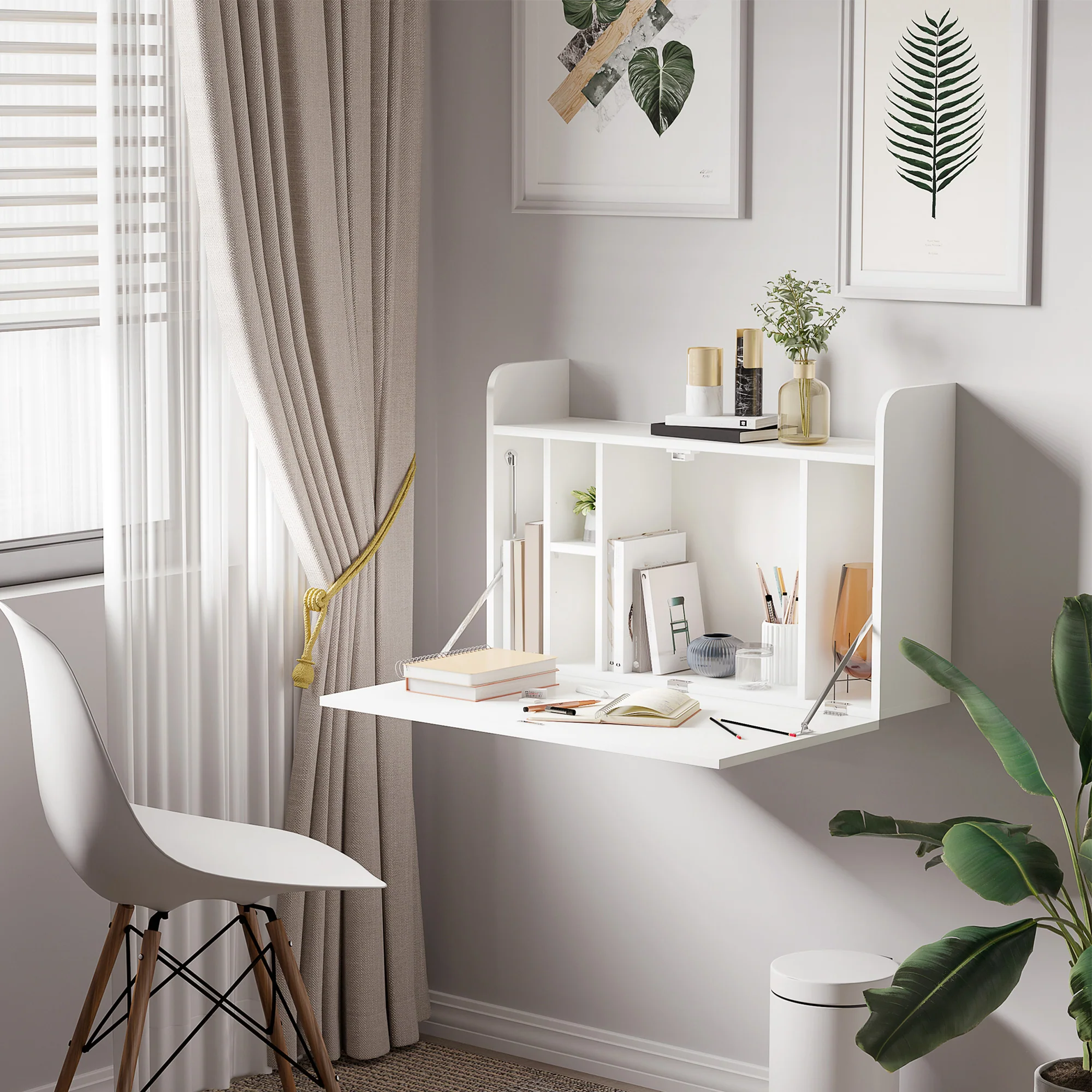 HOMCOM Wall Mounted Table w/ Space Saving Storage Compartments for Home Office