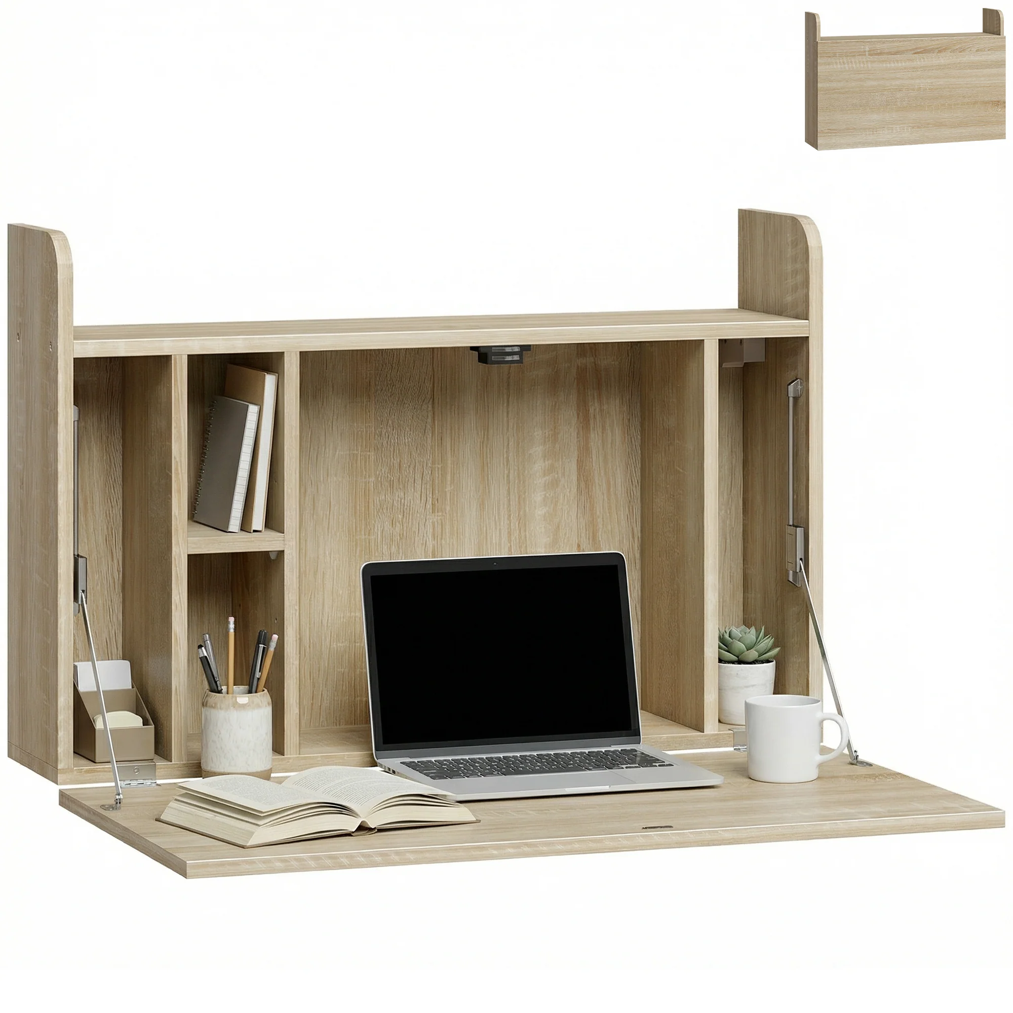 HOMCOM Wall Mounted Table w/ Space Saving Storage Compartments, Oak