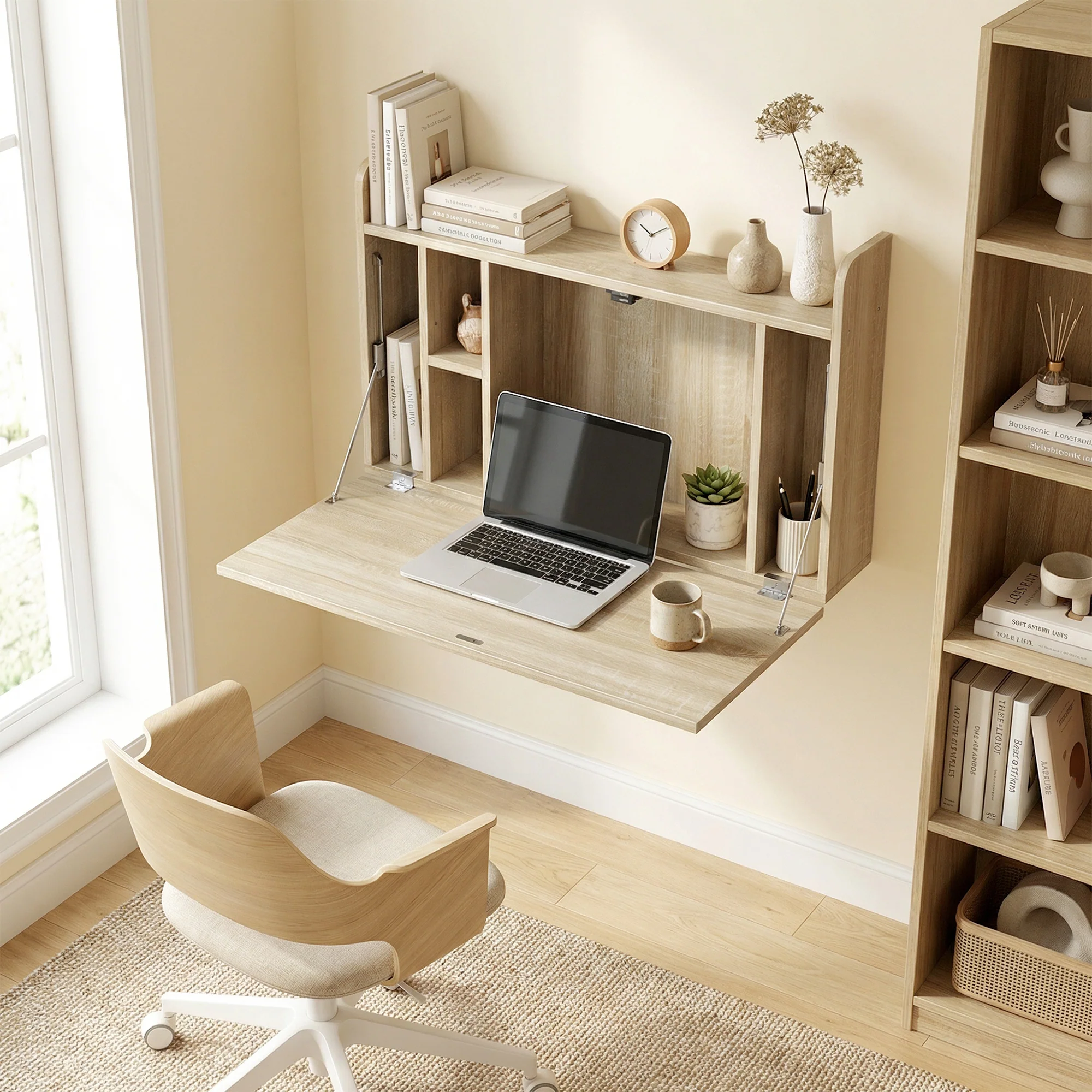 HOMCOM Wall Mounted Table w/ Space Saving Storage Compartments, Oak - Image 2