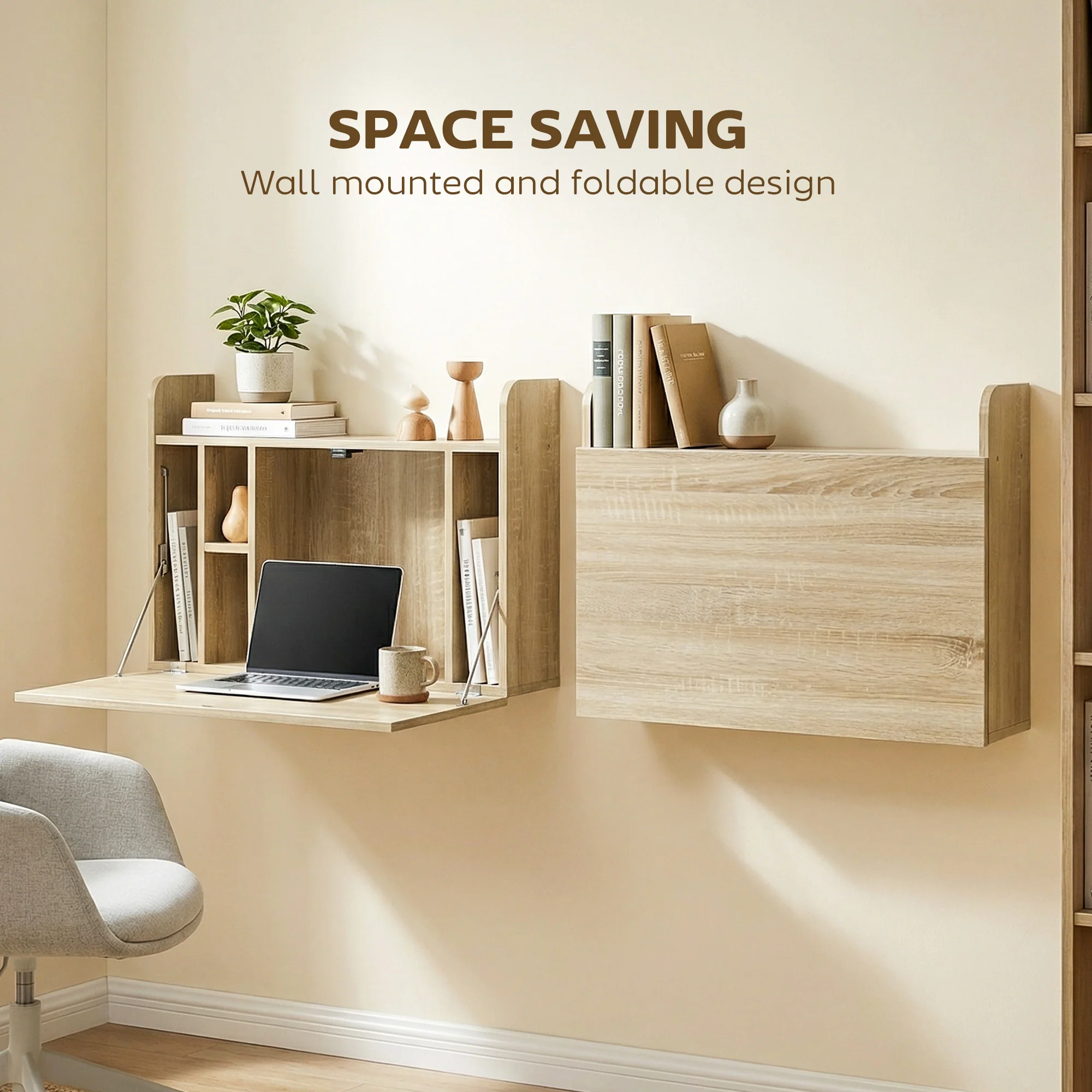 HOMCOM Wall Mounted Table w/ Space Saving Storage Compartments, Oak - Image 4