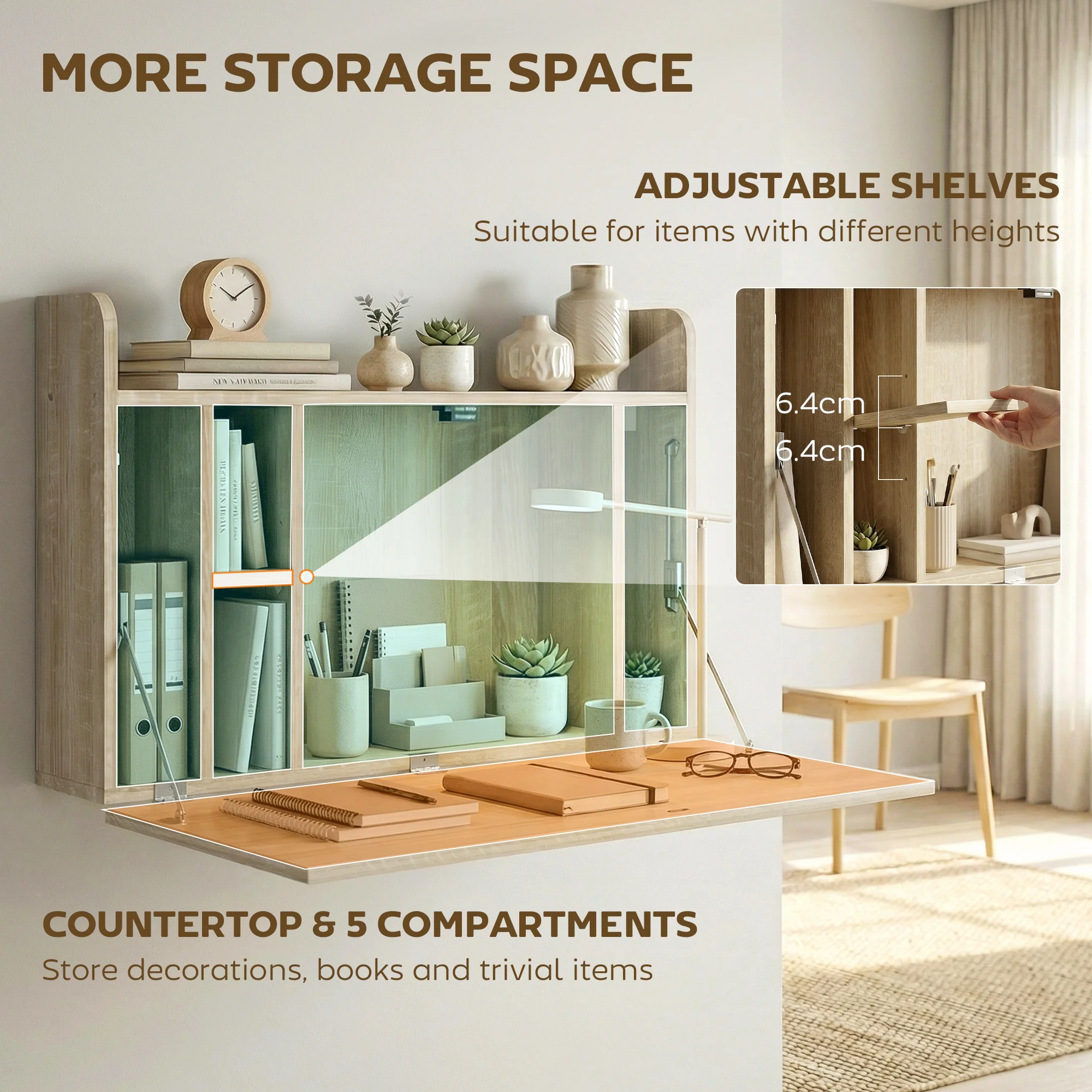 HOMCOM Wall Mounted Table w/ Space Saving Storage Compartments, Oak - Image 5