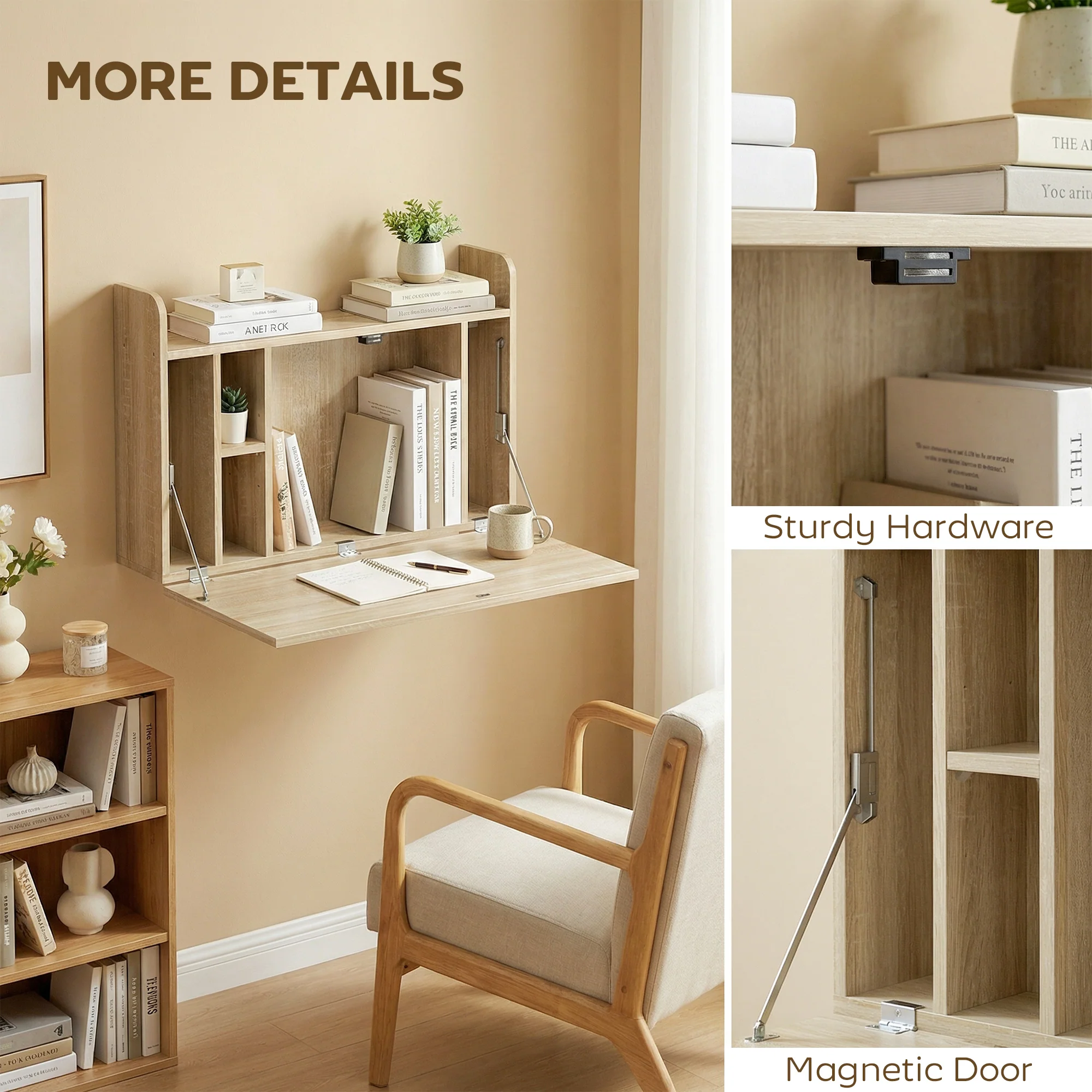 HOMCOM Wall Mounted Table w/ Space Saving Storage Compartments, Oak - Image 6