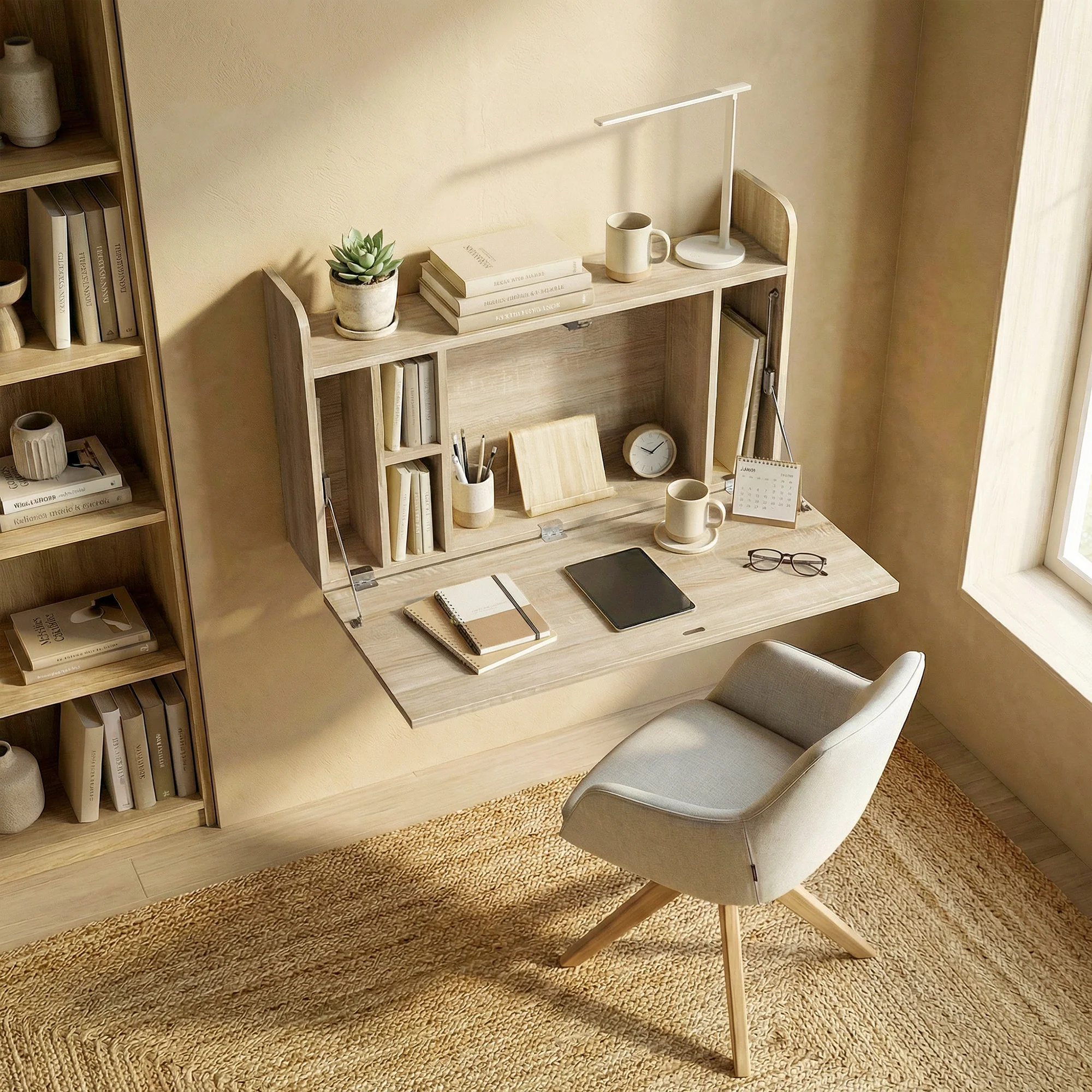 HOMCOM Wall Mounted Table w/ Space Saving Storage Compartments, Oak - Image 7
