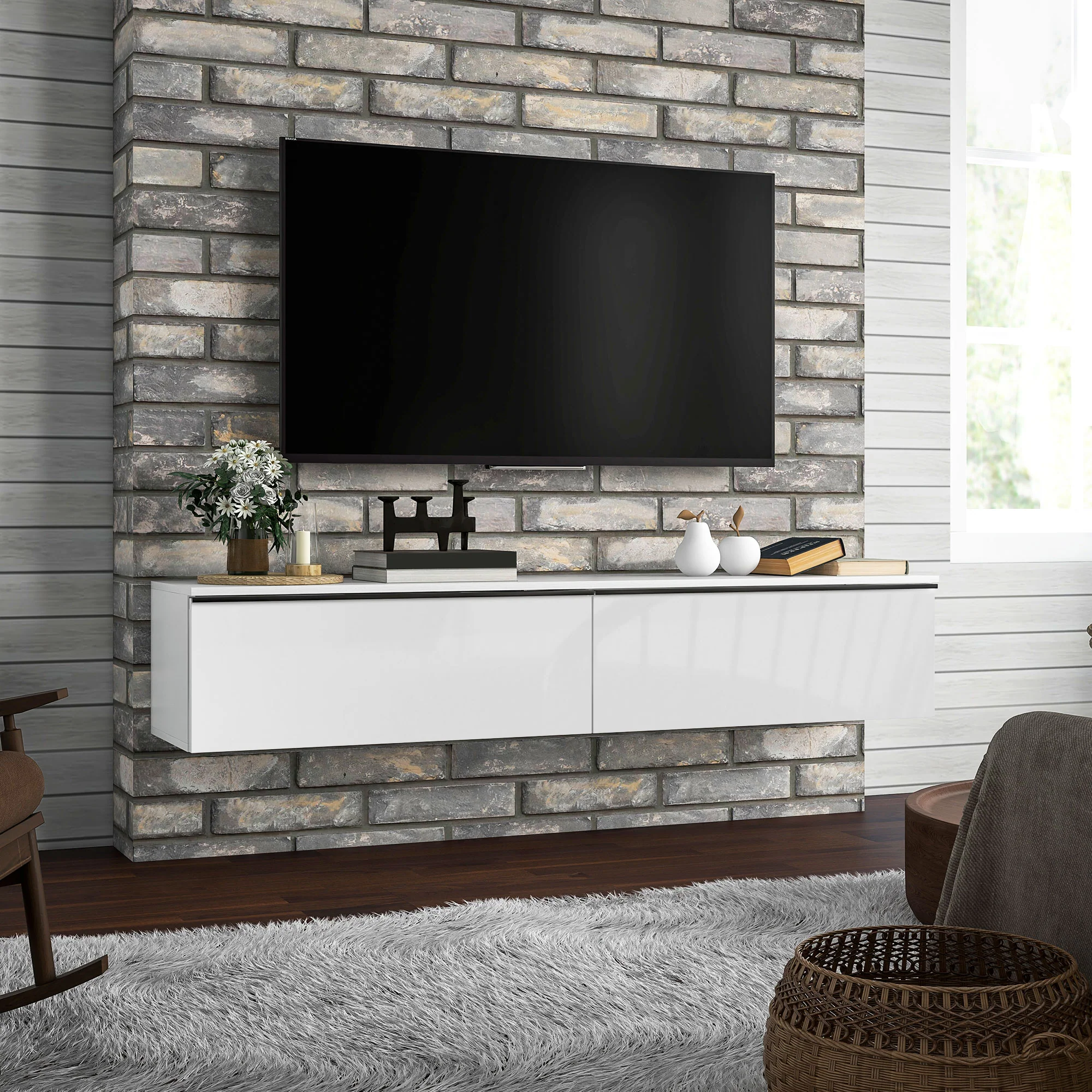 HOMCOM Wall Mounted TV Stand Unit With Storage And High Gloss Effect, White - Image 12