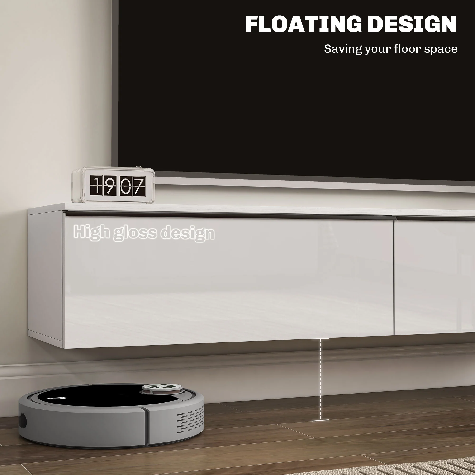HOMCOM Wall Mounted TV Stand Unit With Storage And High Gloss Effect, White - Image 13