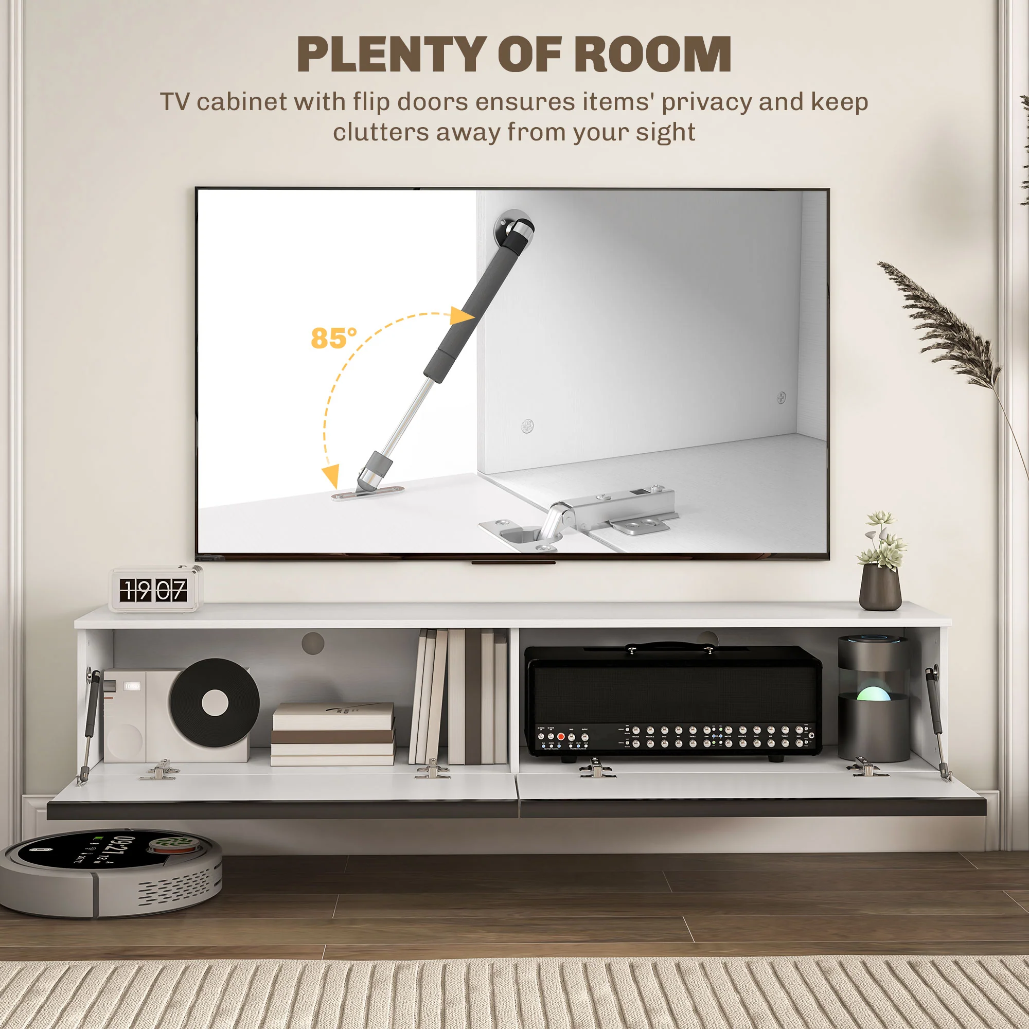 HOMCOM Wall Mounted TV Stand Unit With Storage And High Gloss Effect, White - Image 14