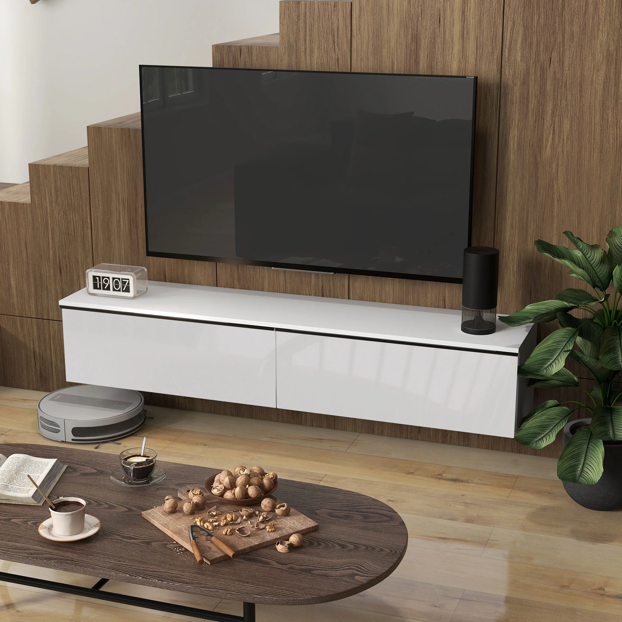 HOMCOM Wall Mounted TV Stand Unit With Storage And High Gloss Effect, White - Image 17