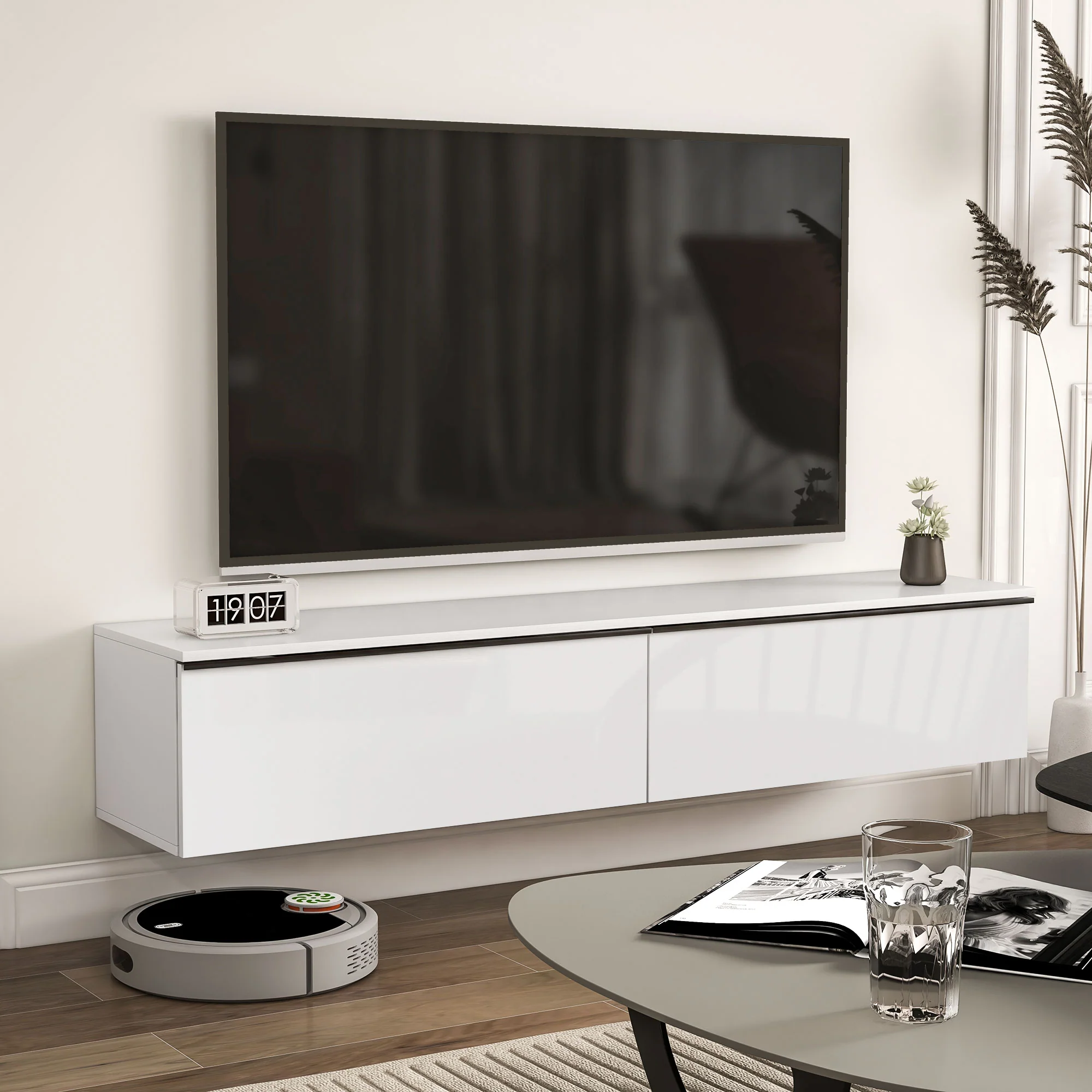 HOMCOM Wall Mounted TV Stand Unit With Storage And High Gloss Effect, White - Image 18