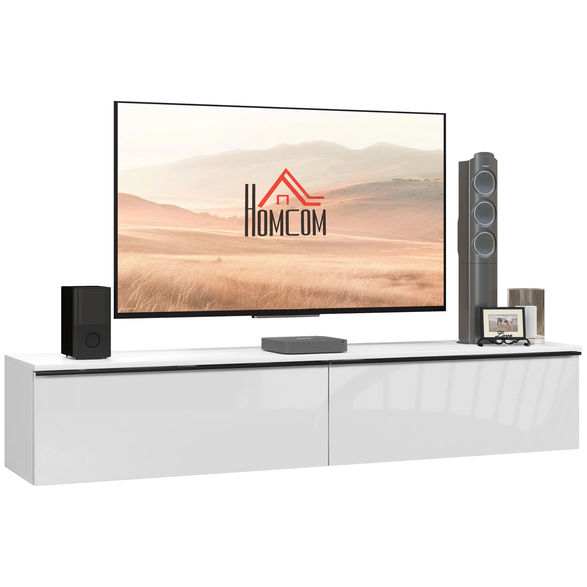 HOMCOM Wall Mounted TV Stand Unit With Storage And High Gloss Effect, White - Image 2