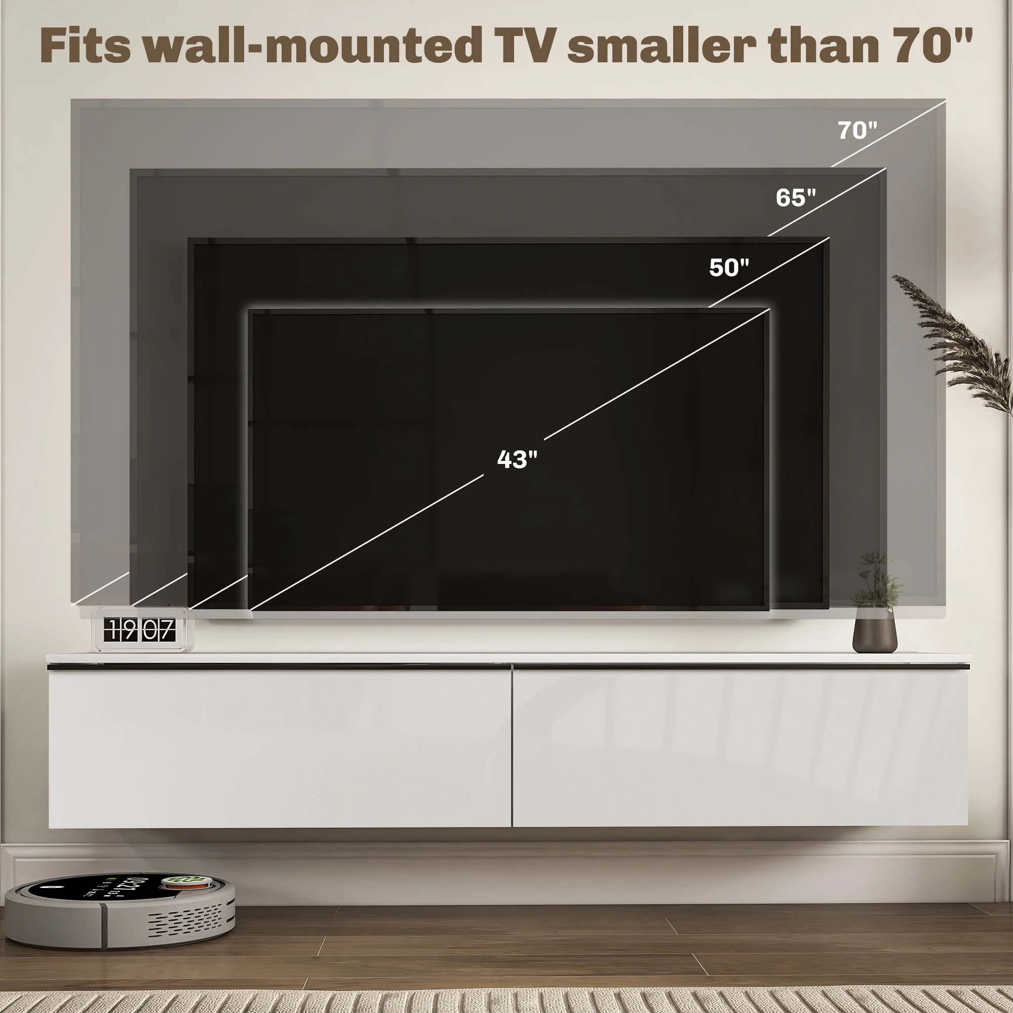 HOMCOM Wall Mounted TV Stand Unit With Storage And High Gloss Effect, White - Image 7
