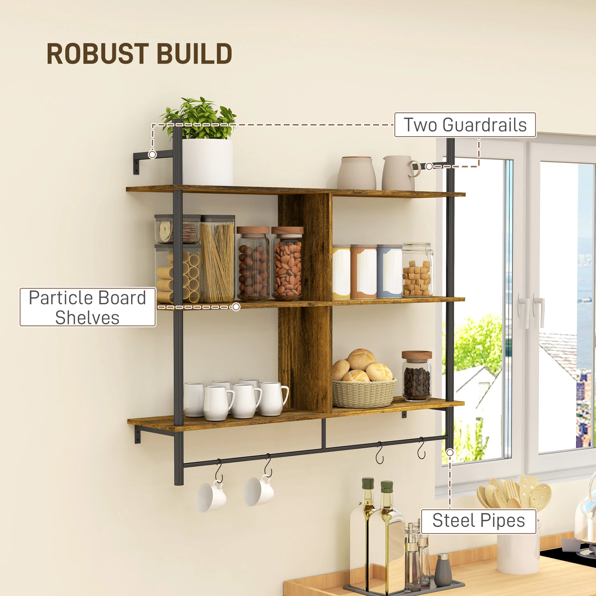 HOMCOM Wall Shelf Unit with 4 Hooks for Living Room - Image 13