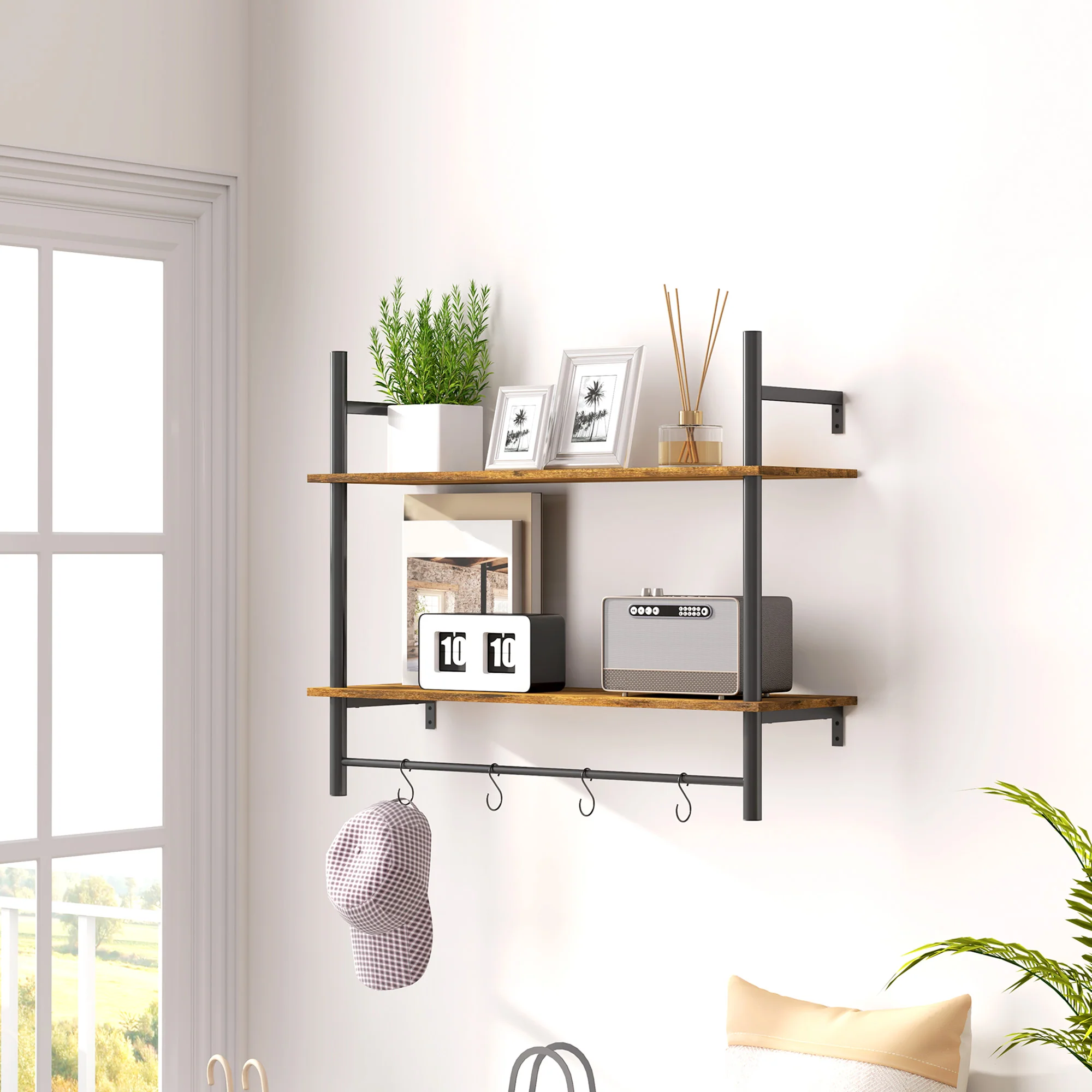 HOMCOM Wall Shelf Unit with 4 Hooks for Living Room, Entryway - Image 11