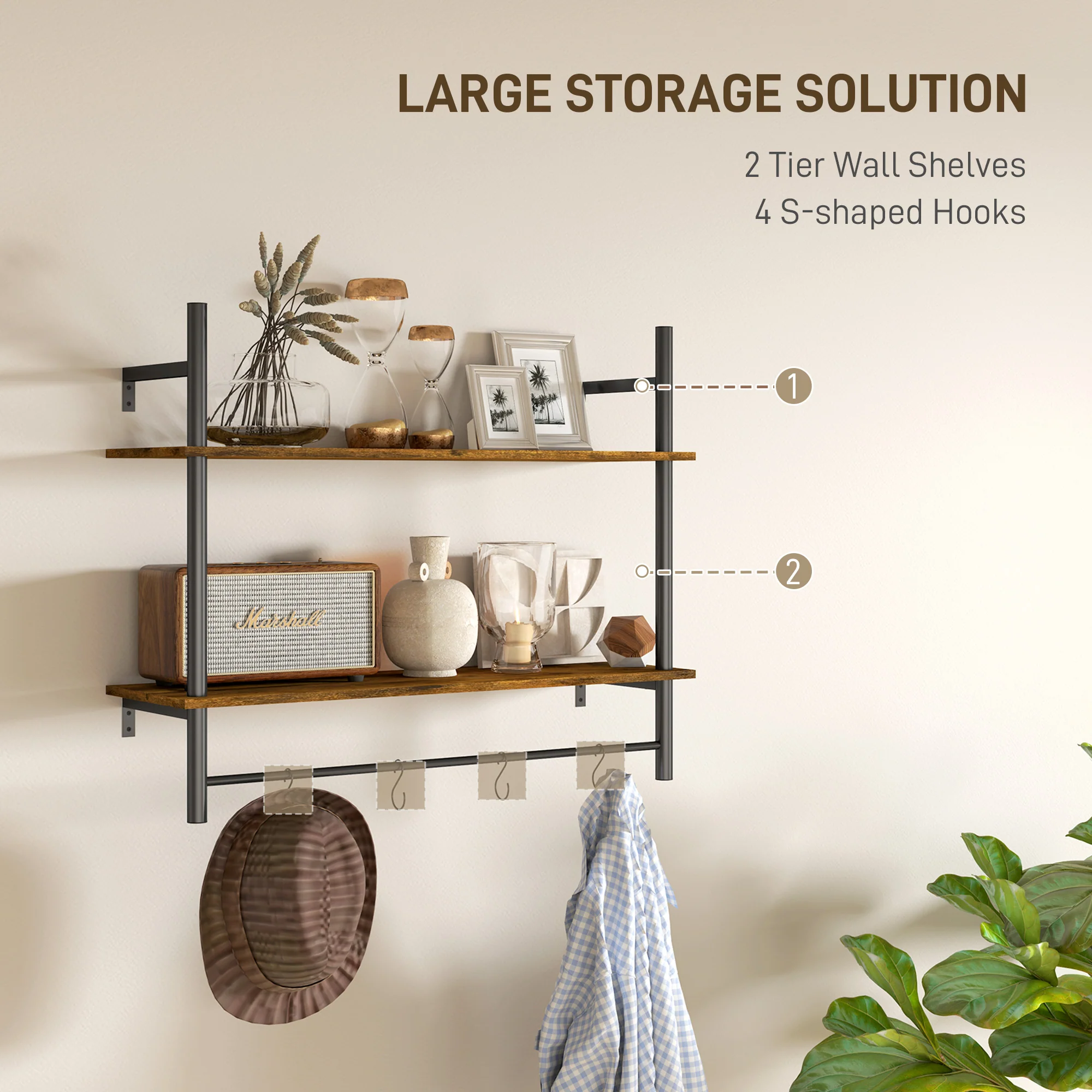 HOMCOM Wall Shelf Unit with 4 Hooks for Living Room, Entryway - Image 12