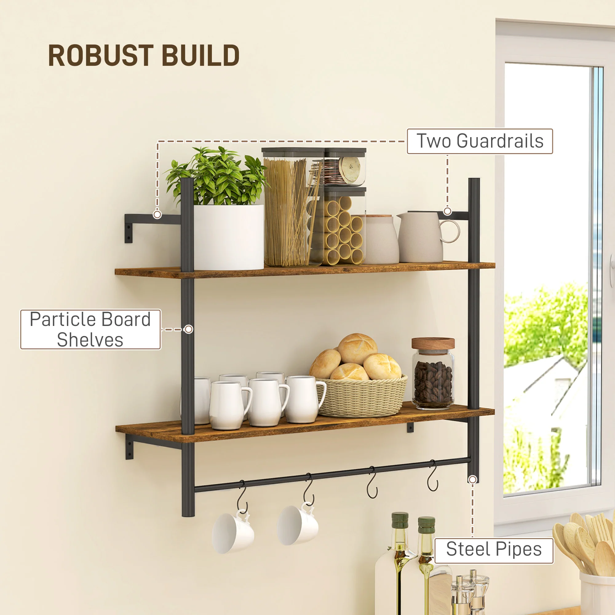 HOMCOM Wall Shelf Unit with 4 Hooks for Living Room, Entryway - Image 13